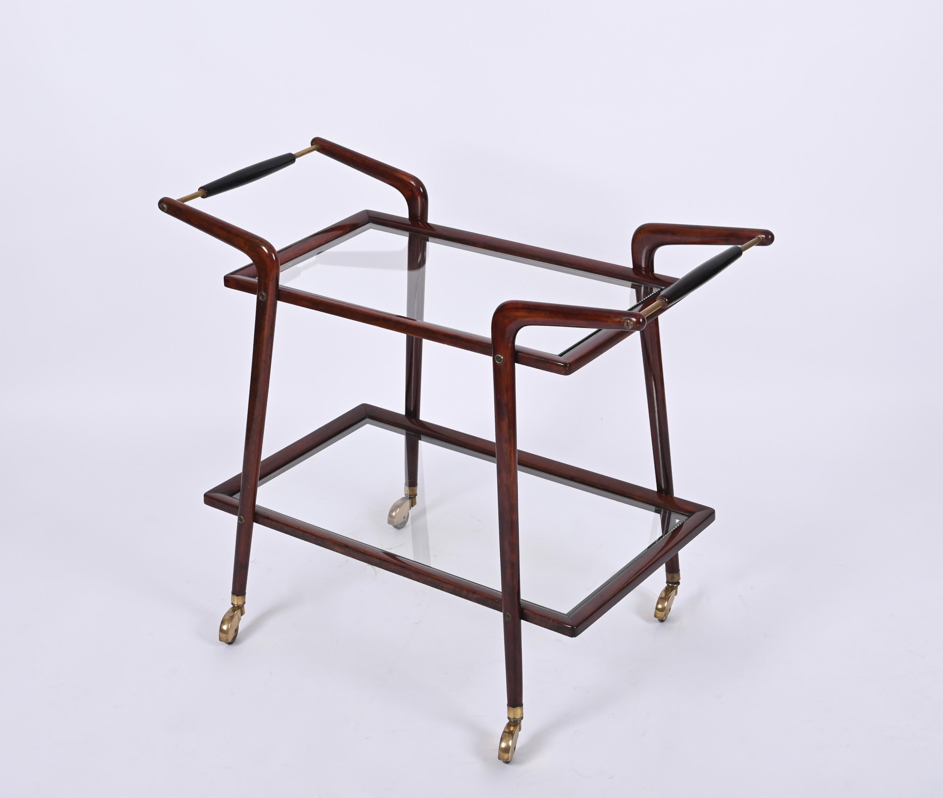 Mid-Century Italian Bar Cart by Cesare Lacca, Brass and Wood Serving Trolley 3
