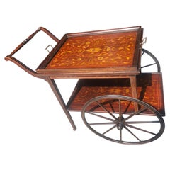 Mid Century Italian Bar Cart w Marquetry Line Inlay Tall Wheels & Lift off Tray