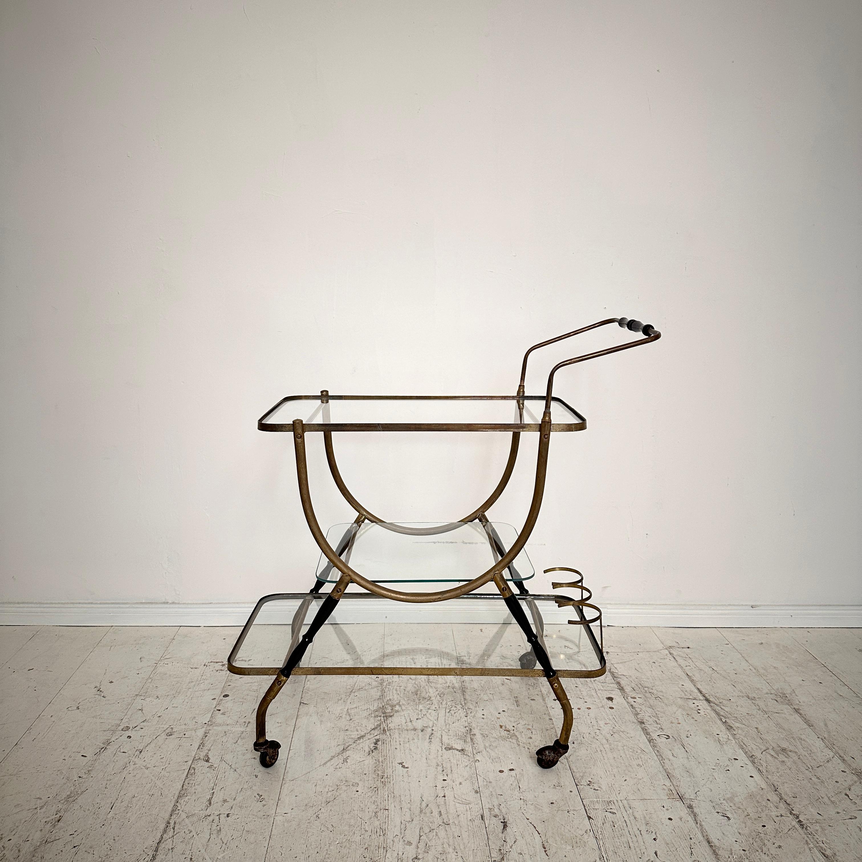 Mid-Century Modern Mid Century Italian Bar Trolly by Cesare Lacca in Brass and Black Wood, around 1 For Sale