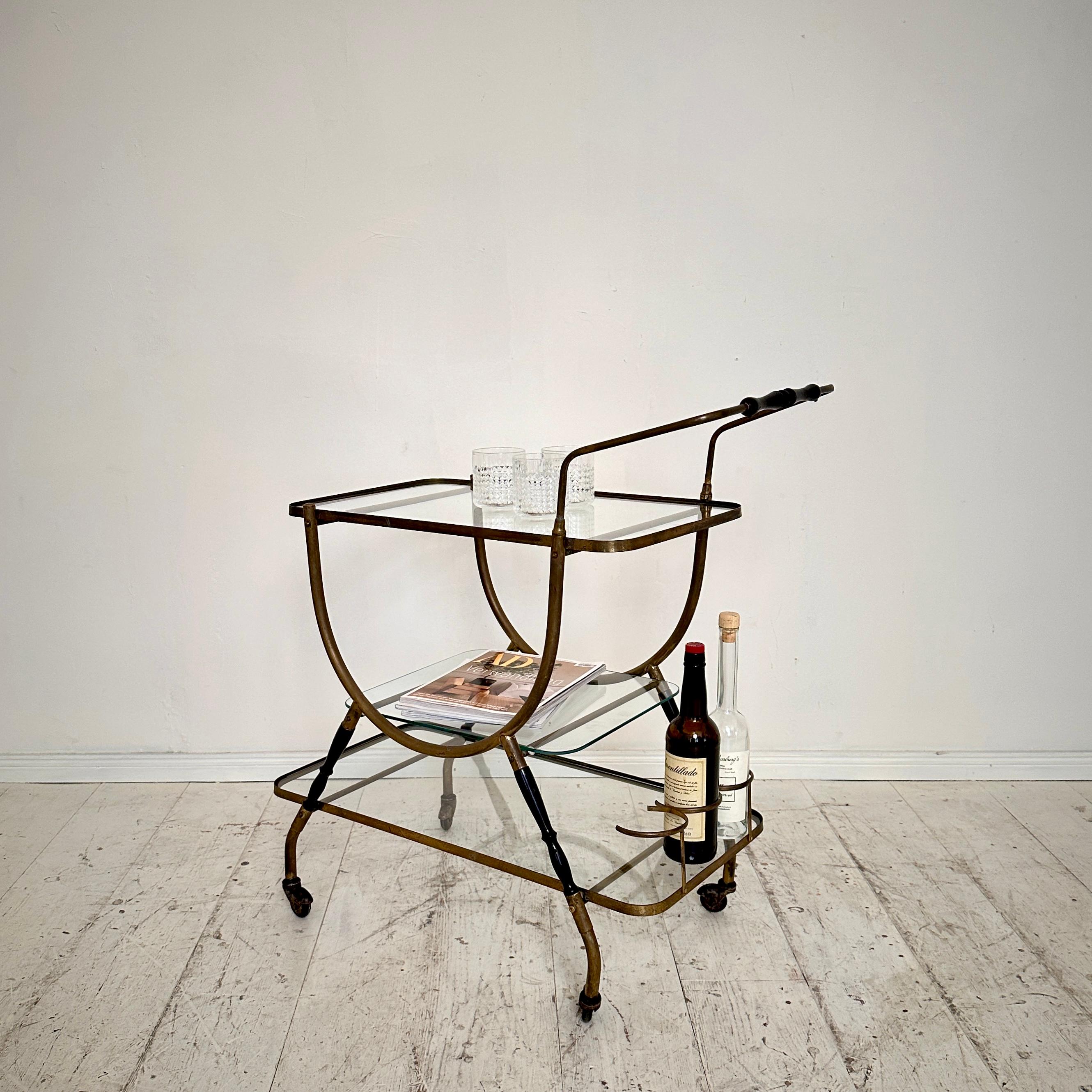 Mid-19th Century Mid Century Italian Bar Trolly by Cesare Lacca in Brass and Black Wood, around 1 For Sale