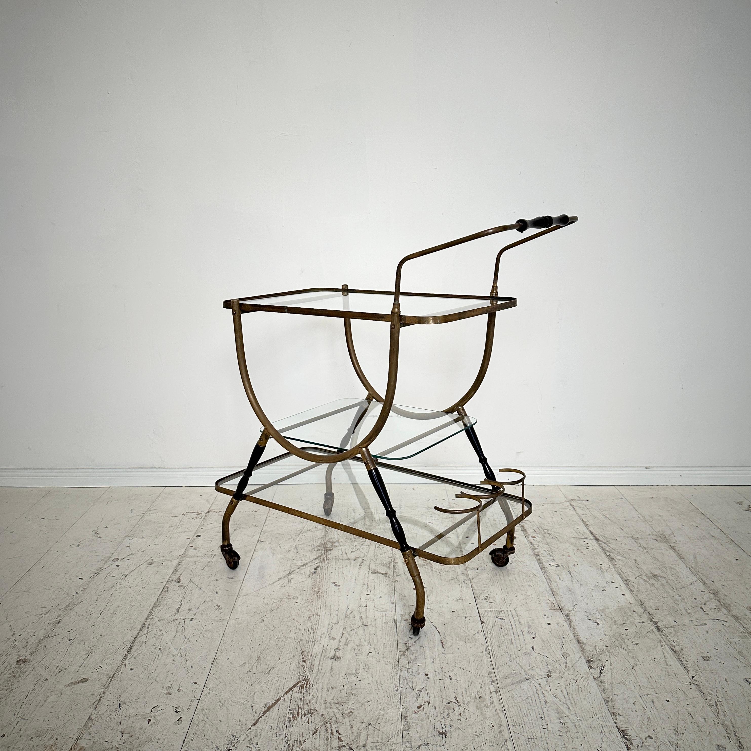 Mid Century Italian Bar Trolly by Cesare Lacca in Brass and Black Wood, around 1 For Sale 1