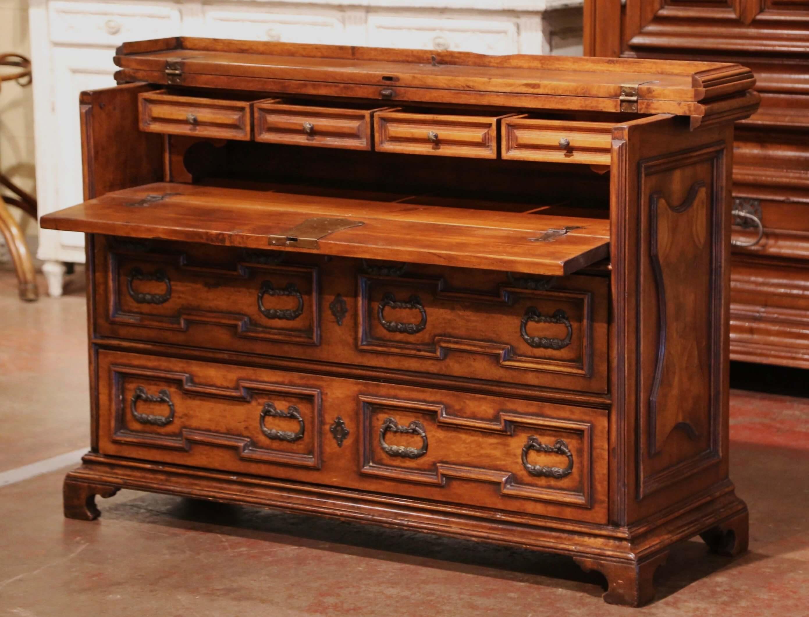 Mid-Century Italian Baroque Carved Walnut Secretary Chest of Drawers For Sale 4
