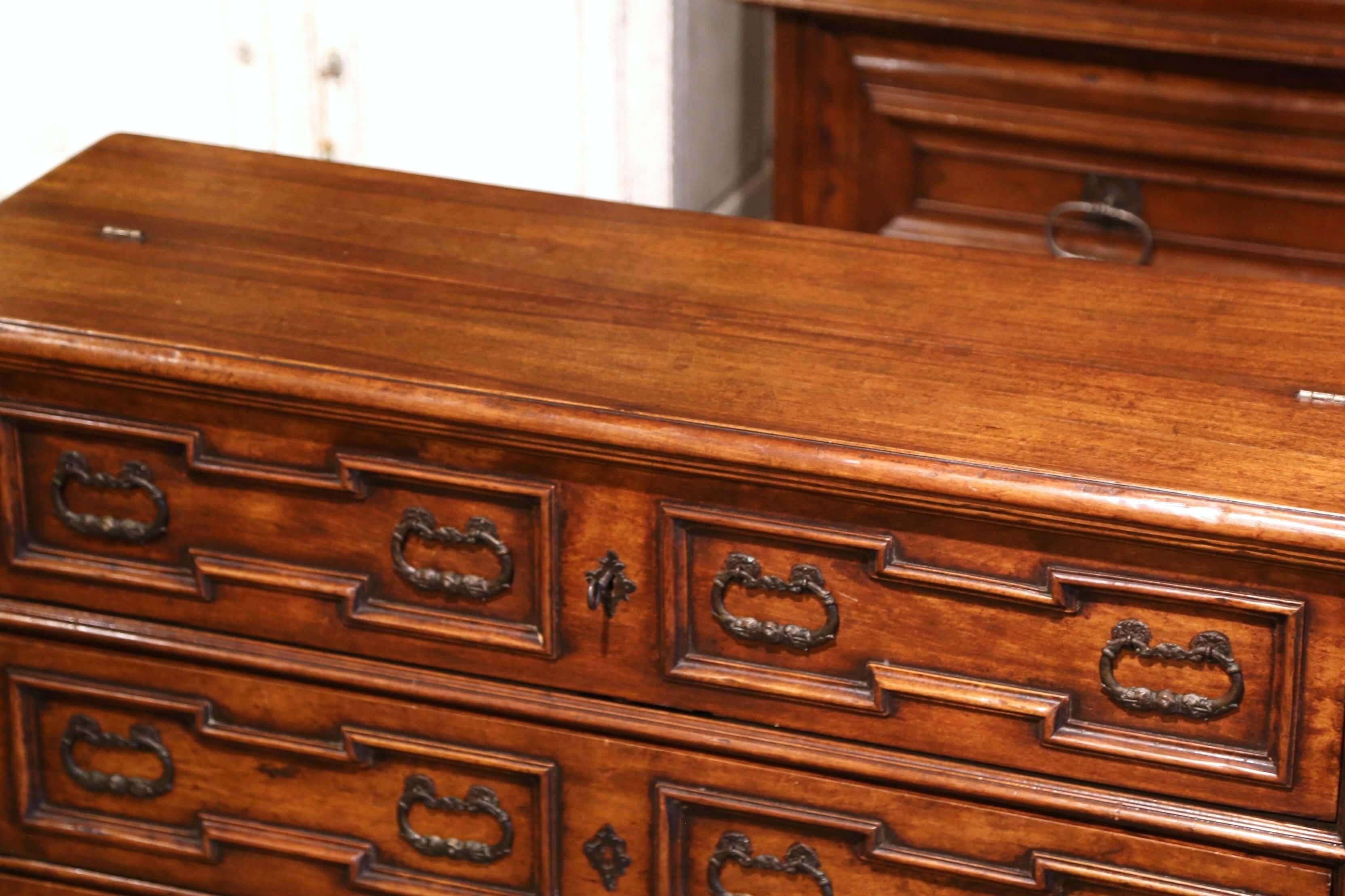 Louis XIII Mid-Century Italian Baroque Carved Walnut Secretary Chest of Drawers For Sale