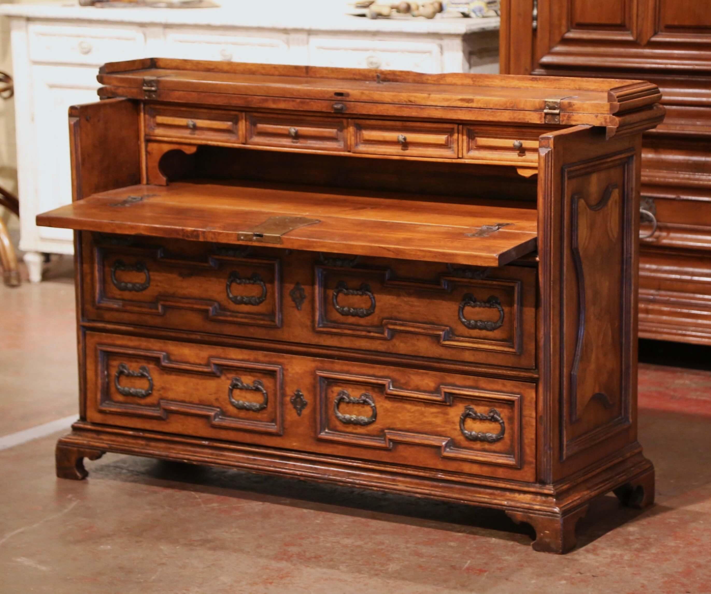 Mid-Century Italian Baroque Carved Walnut Secretary Chest of Drawers In Excellent Condition For Sale In Dallas, TX