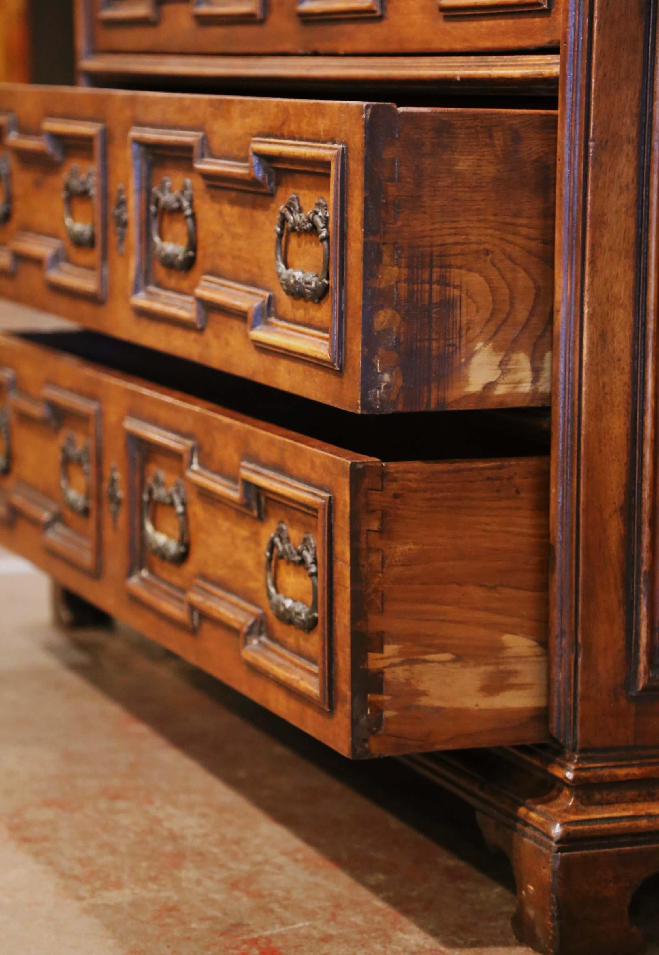 Mid-Century Italian Baroque Carved Walnut Secretary Chest of Drawers For Sale 2