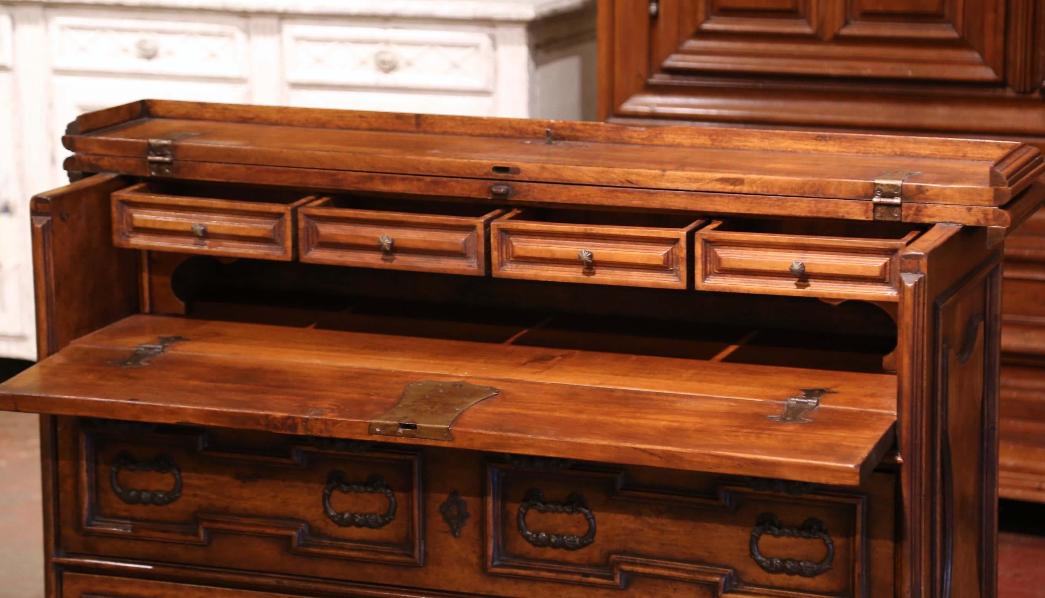 Mid-Century Italian Baroque Carved Walnut Secretary Chest of Drawers For Sale 3