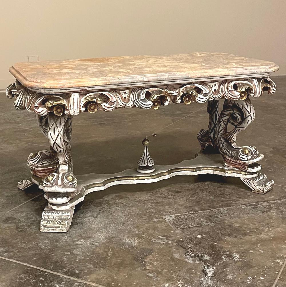 Hand-Carved Mid-Century Italian Baroque Painted Coffee Table with Travertine For Sale