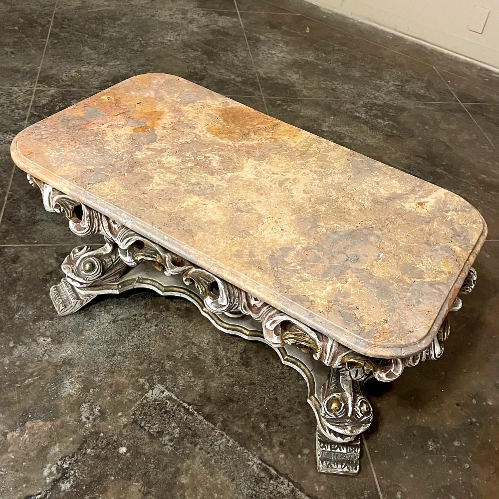 20th Century Mid-Century Italian Baroque Painted Coffee Table with Travertine For Sale