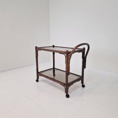 Mid Century Italian Bas Card or Trolley in Bentwood and Smoked Glass, 1970's