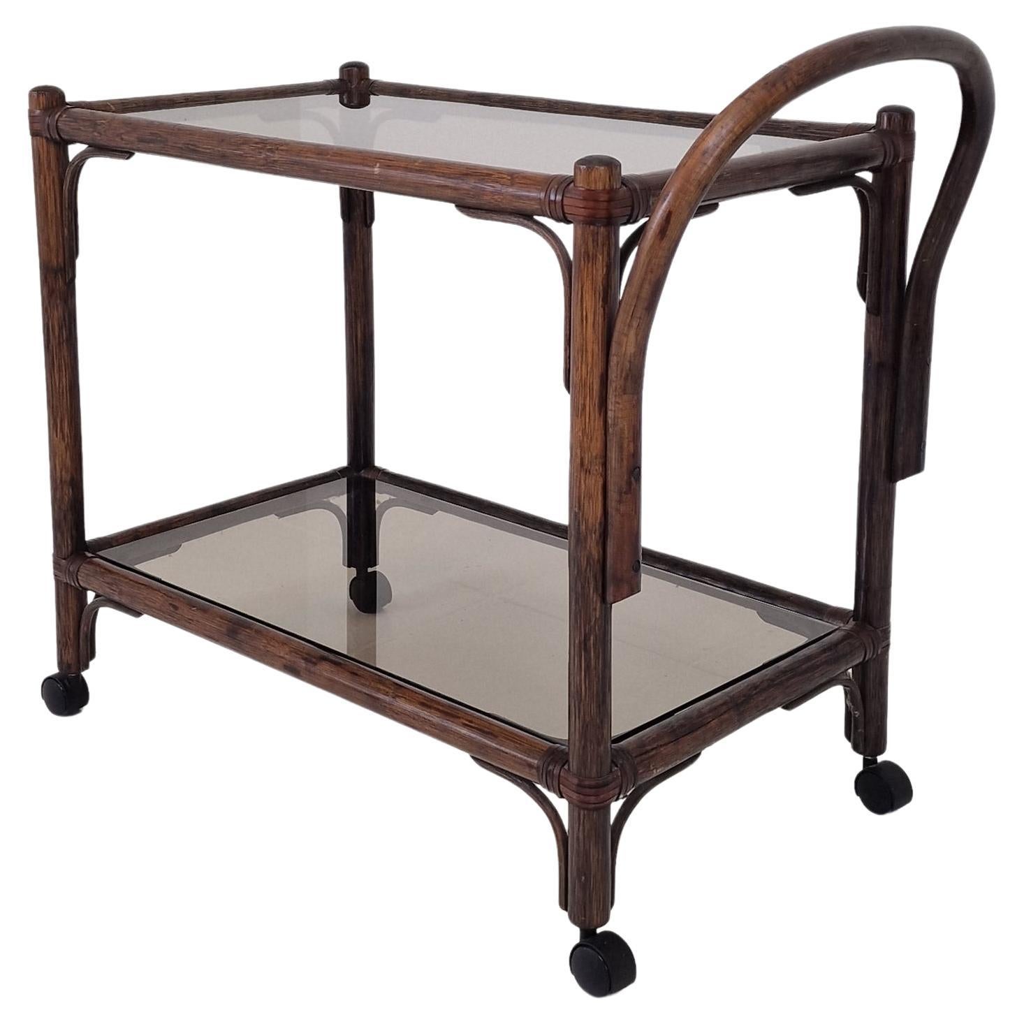 Mid Century Italian Bas Card or Trolley in Bentwood and Smoked Glass, 1970's