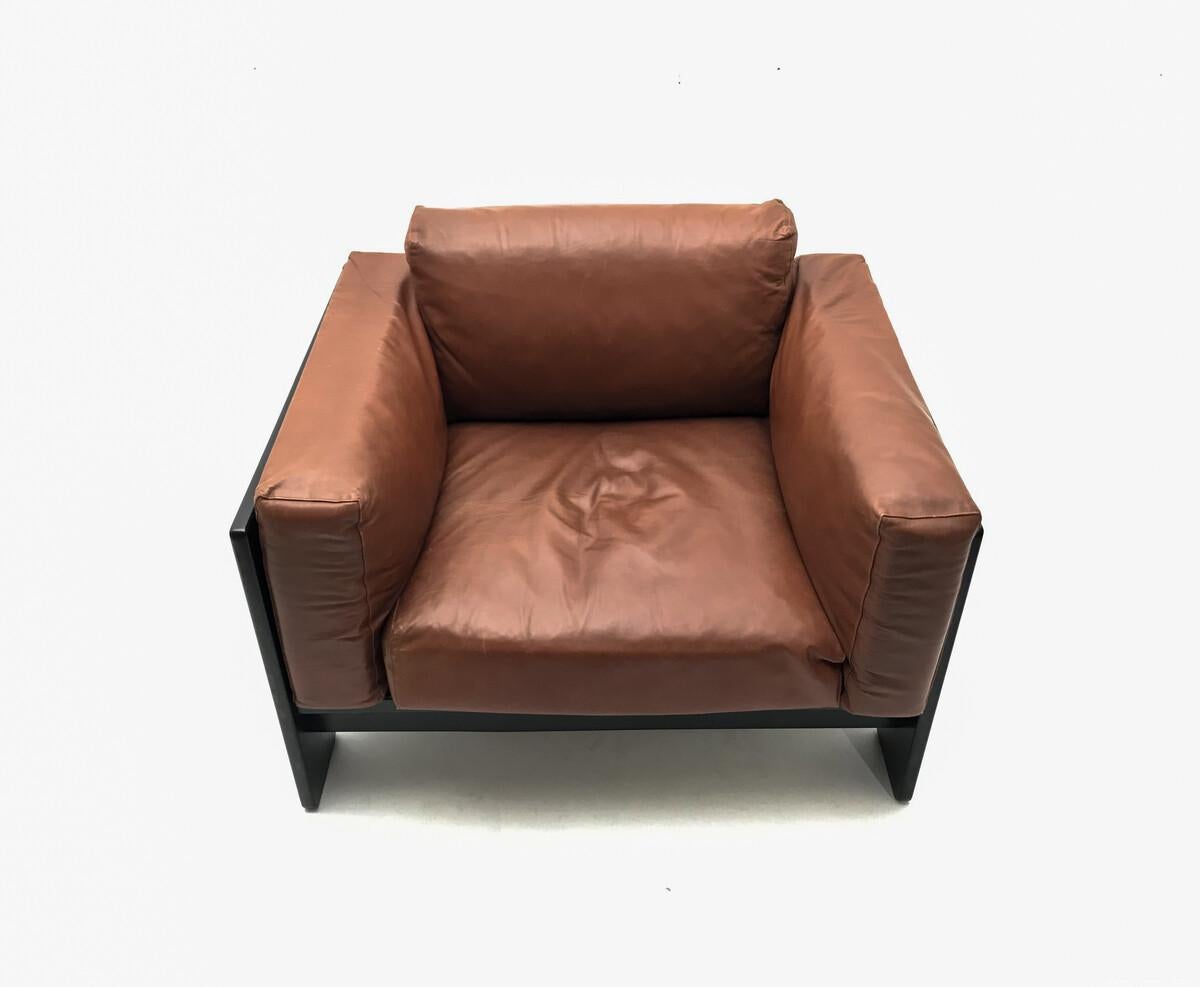 Leather Mid-Century, Italian Bastiano leather Armchair, by Tobia Scarpa, for Knoll 1960'