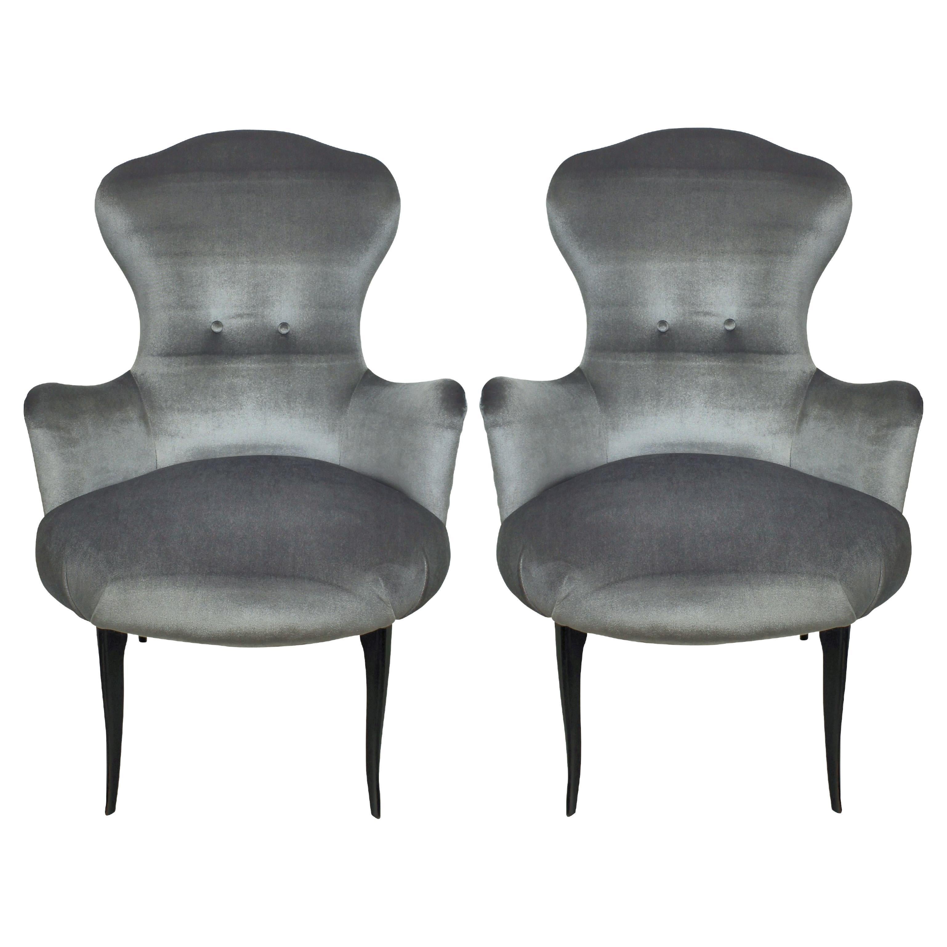 Mid-Century Italian Bedroom Chairs in Silver Velvet For Sale