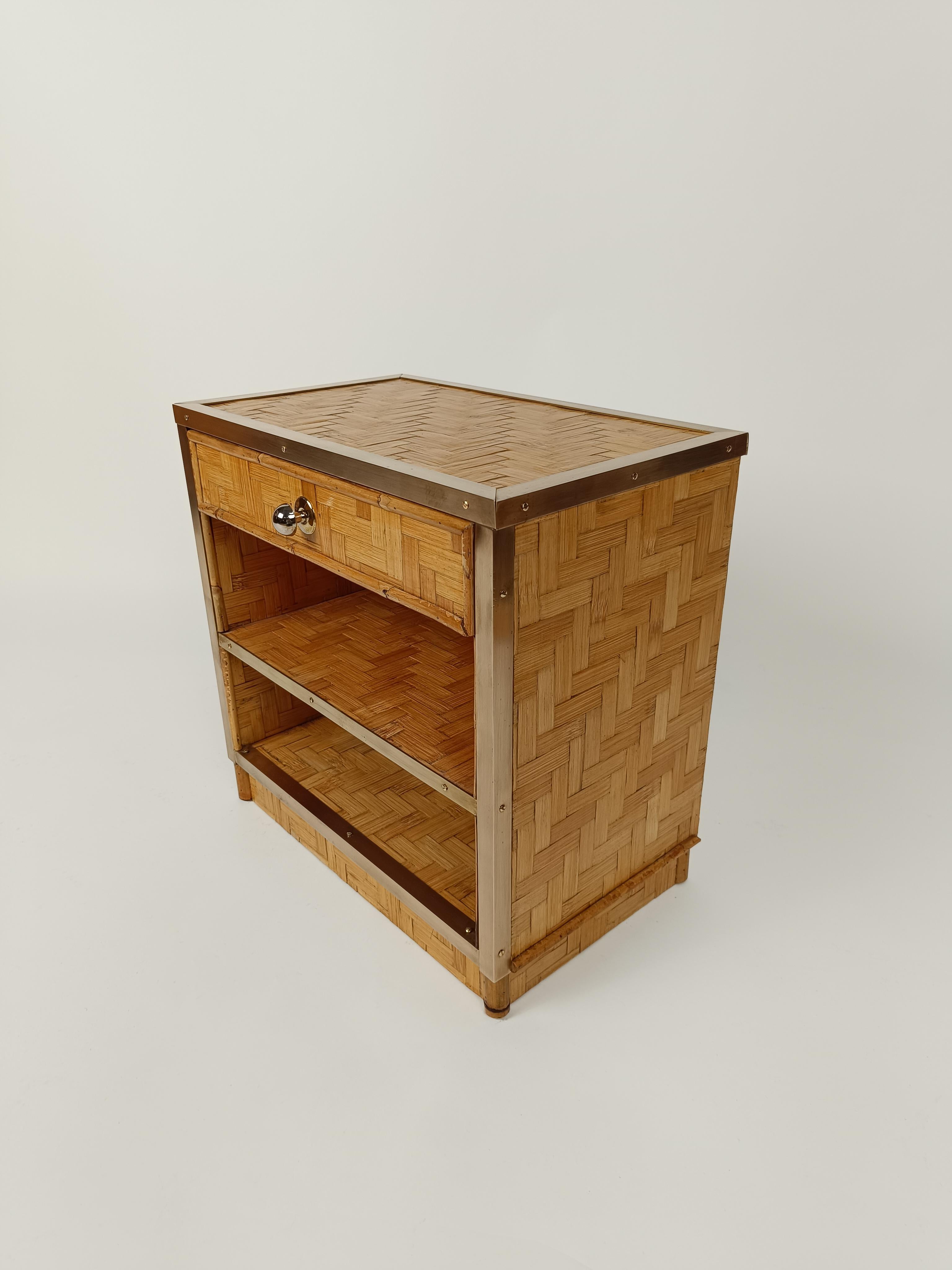 Midcentury Italian Bedside Tables in Bamboo Cane, Rattan and Brass, 1970s For Sale 5