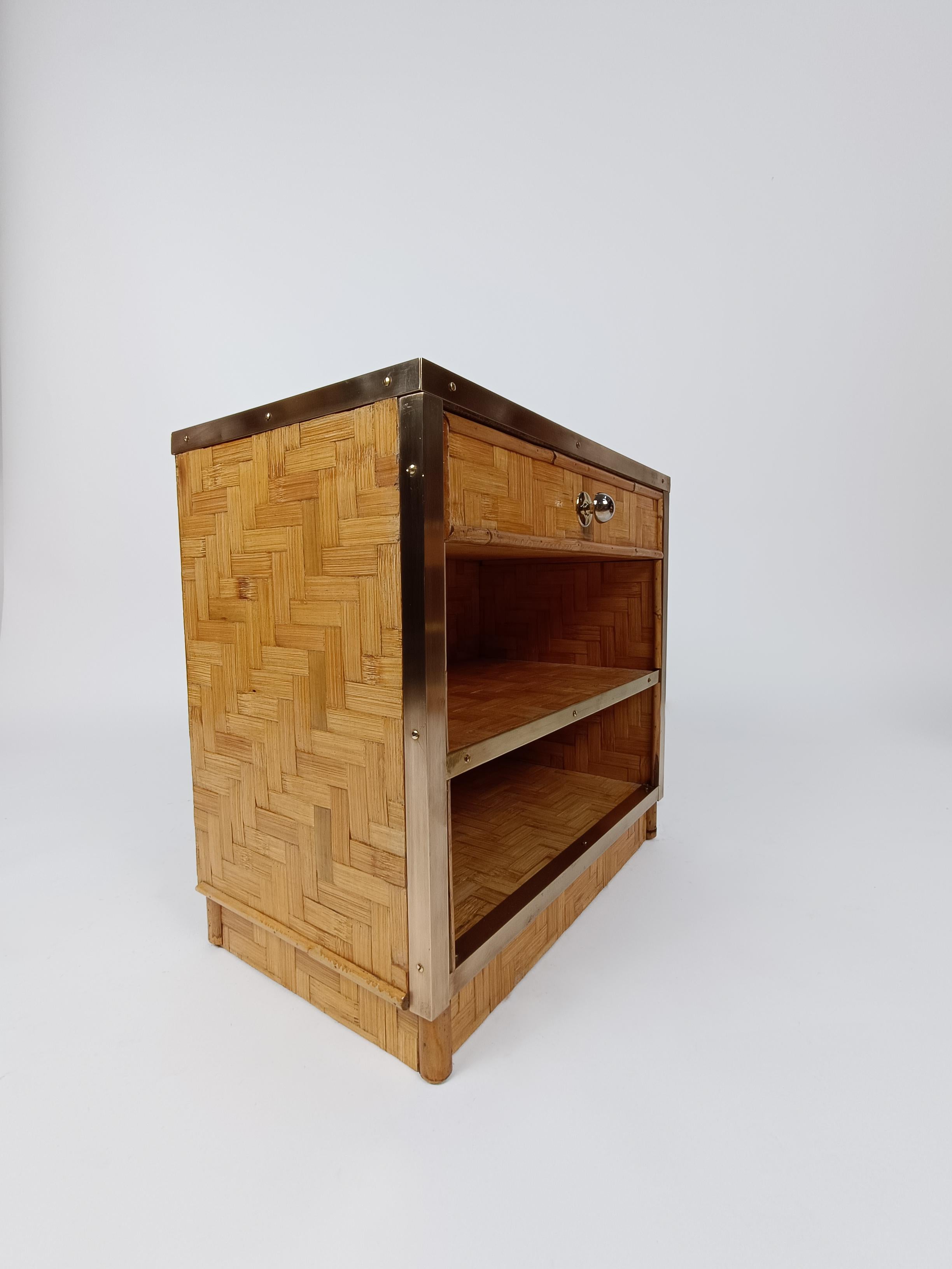 Midcentury Italian Bedside Tables in Bamboo Cane, Rattan and Brass, 1970s For Sale 10