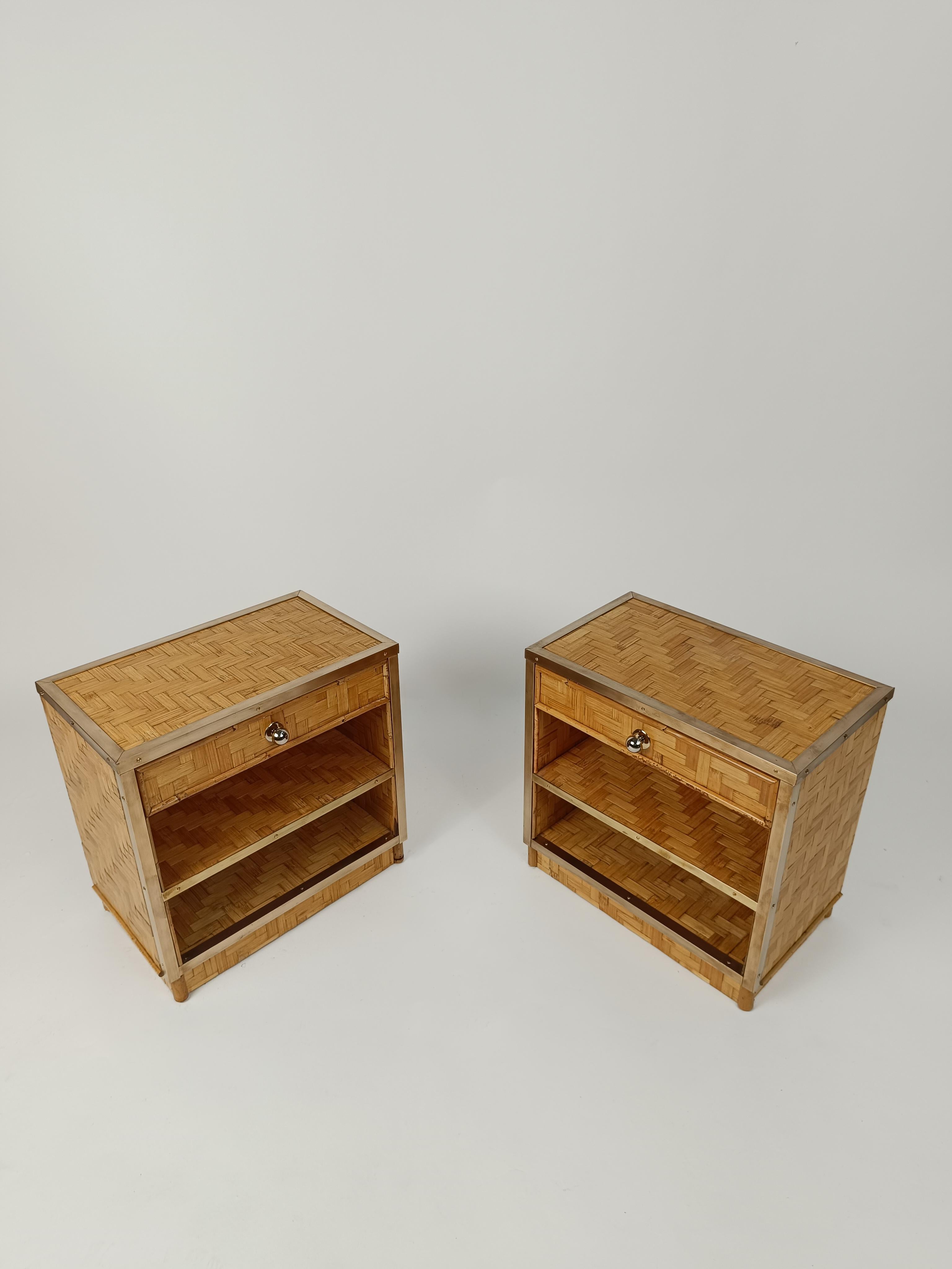 Mid-Century Modern Midcentury Italian Bedside Tables in Bamboo Cane, Rattan and Brass, 1970s For Sale