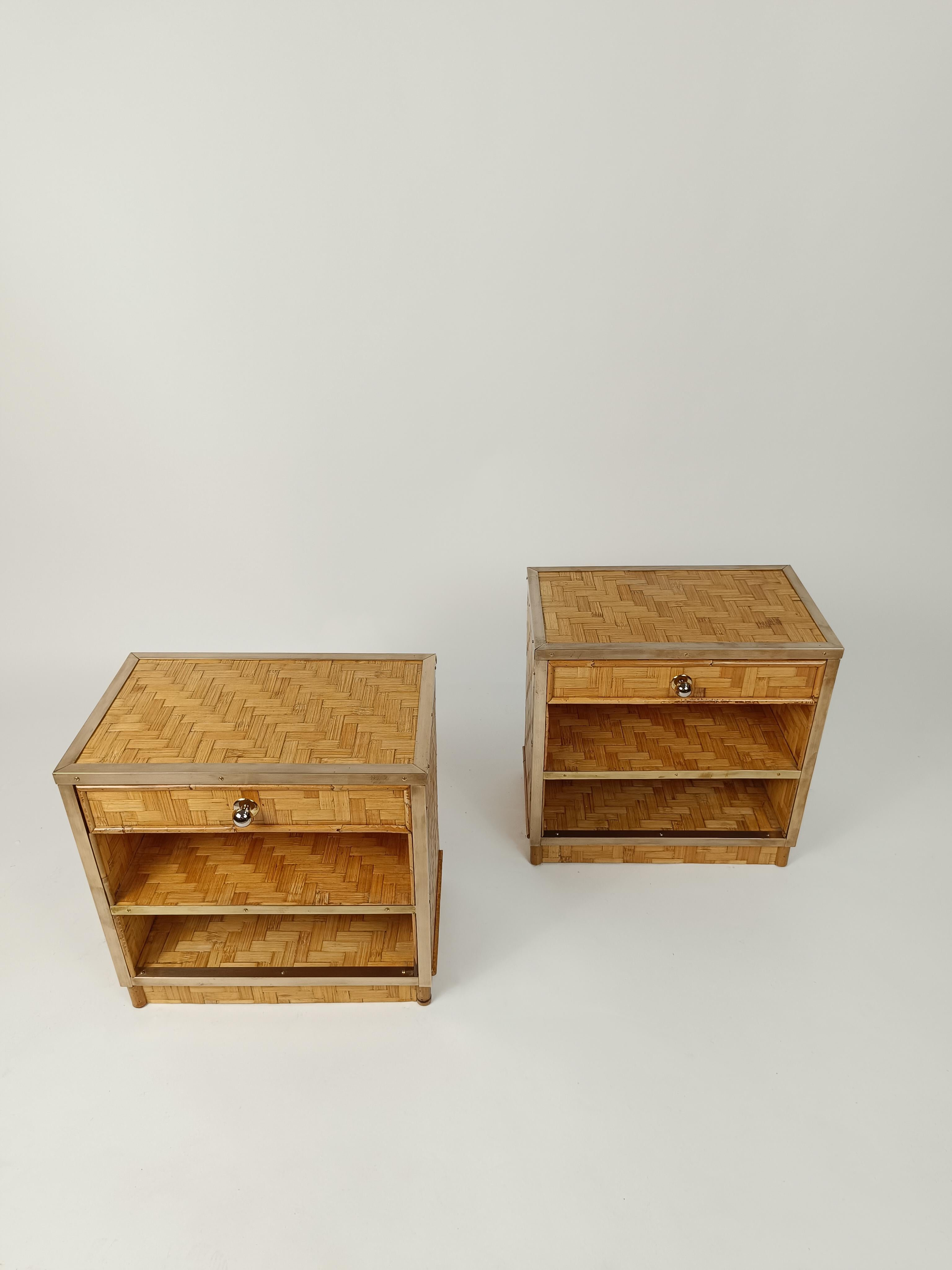 20th Century Midcentury Italian Bedside Tables in Bamboo Cane, Rattan and Brass, 1970s For Sale