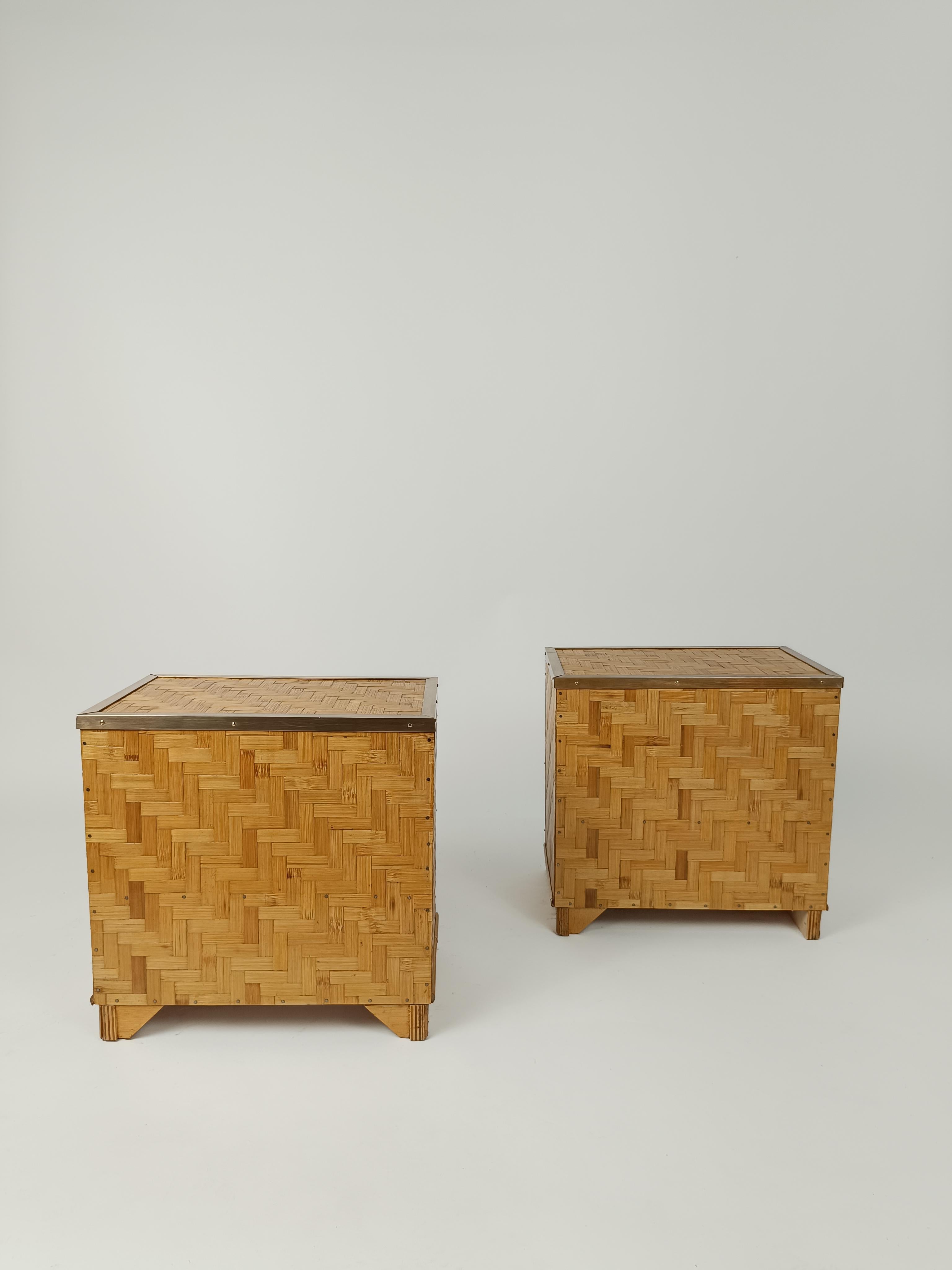 Midcentury Italian Bedside Tables in Bamboo Cane, Rattan and Brass, 1970s For Sale 2