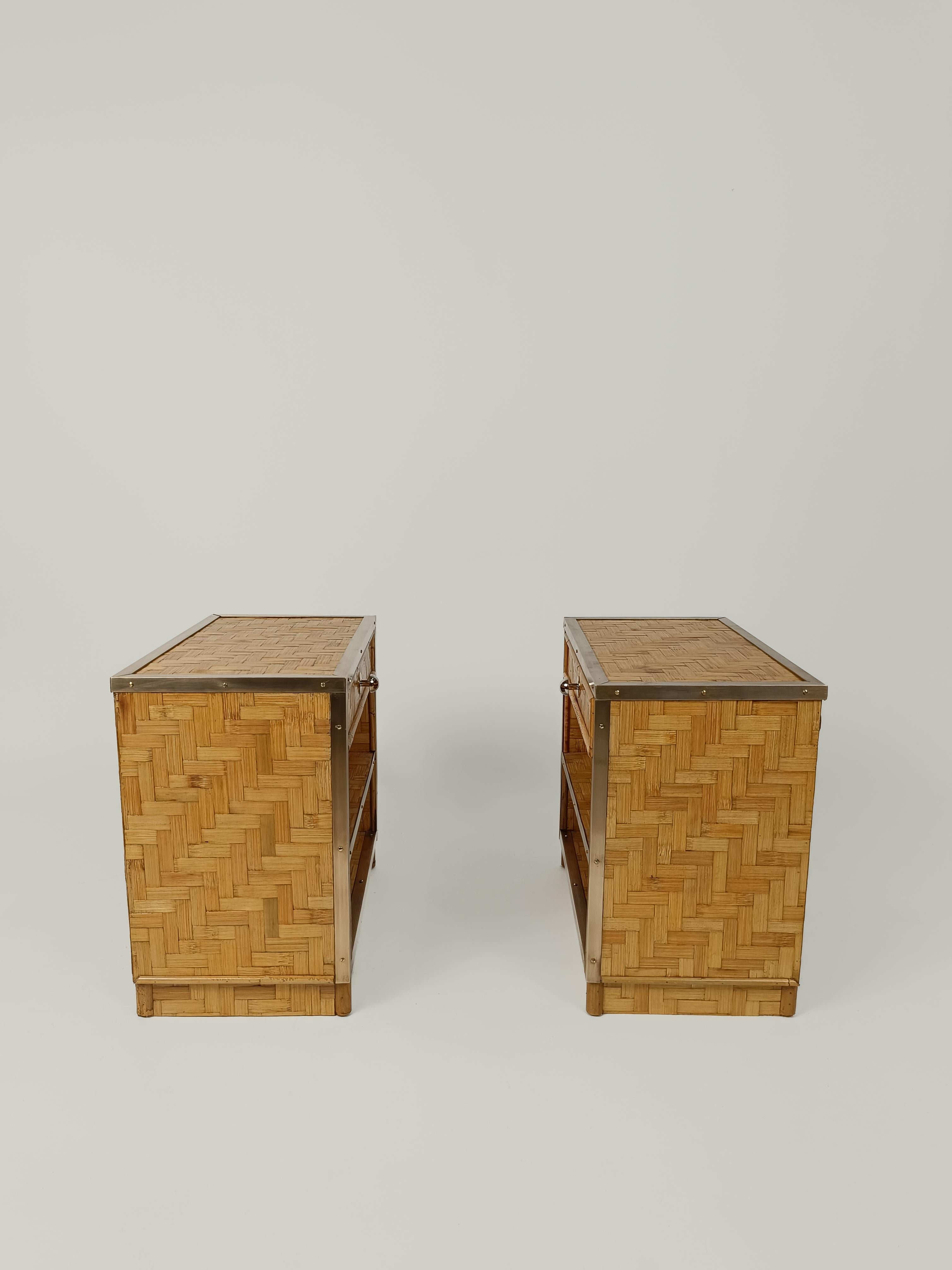 Midcentury Italian Bedside Tables in Bamboo Cane, Rattan and Brass, 1970s For Sale 3