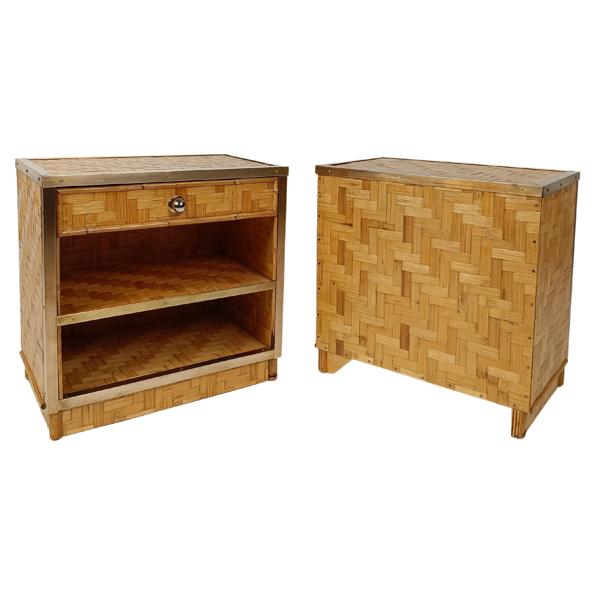 Midcentury Italian Bedside Tables in Bamboo Cane, Rattan and Brass, 1970s