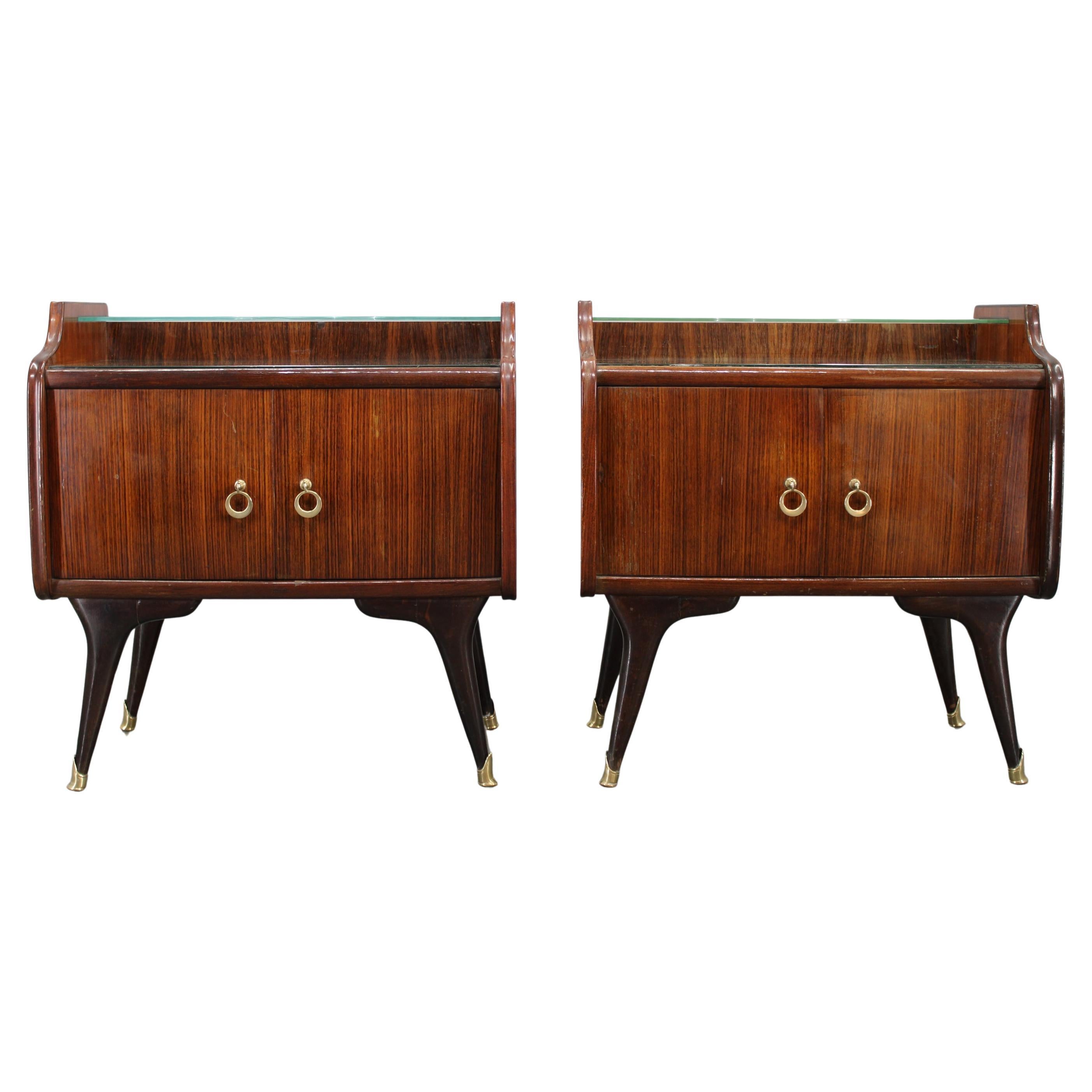 Mid Century Italian Bedside Tables with Glass Tops, 1950s For Sale