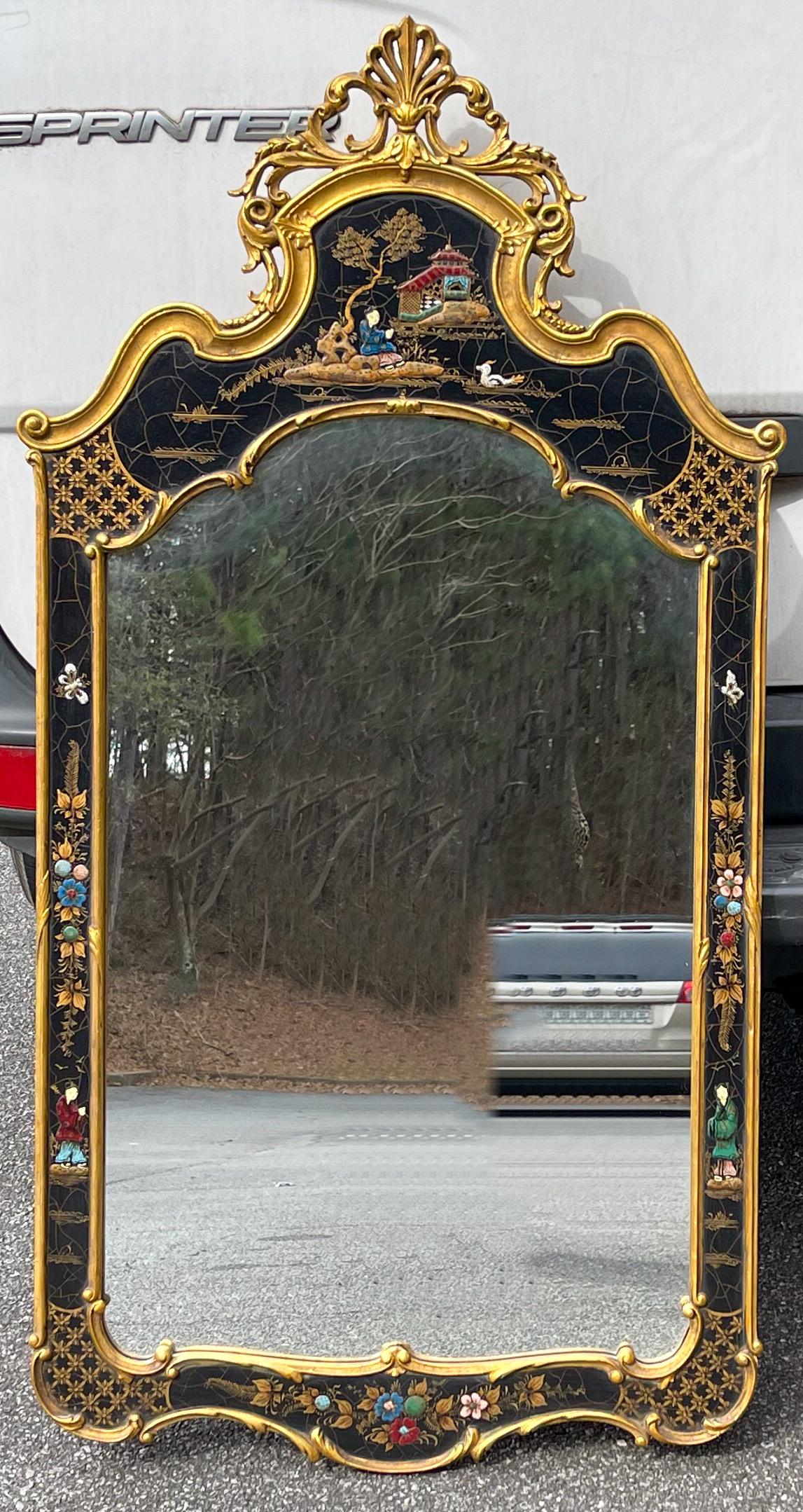 Mid-Century Italian Black Lacquer, Carved Giltwood Chinoiserie Mirror For Sale 2