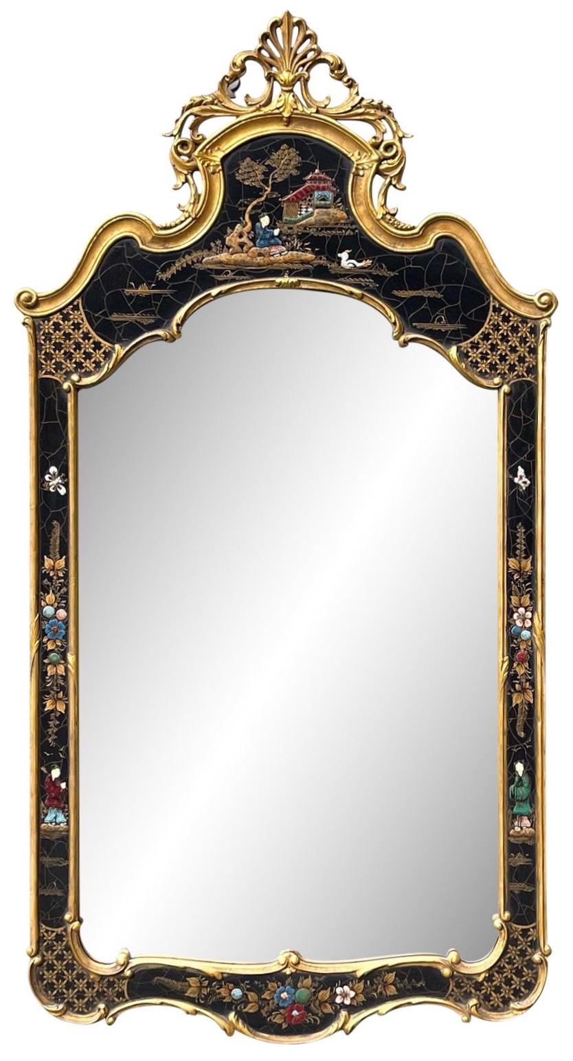Mid-Century Italian Black Lacquer, Carved Giltwood Chinoiserie Mirror For Sale
