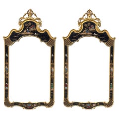 Mid-Century Italian Black Lacquer, Carved Giltwood Chinoiserie Mirrors - Pair