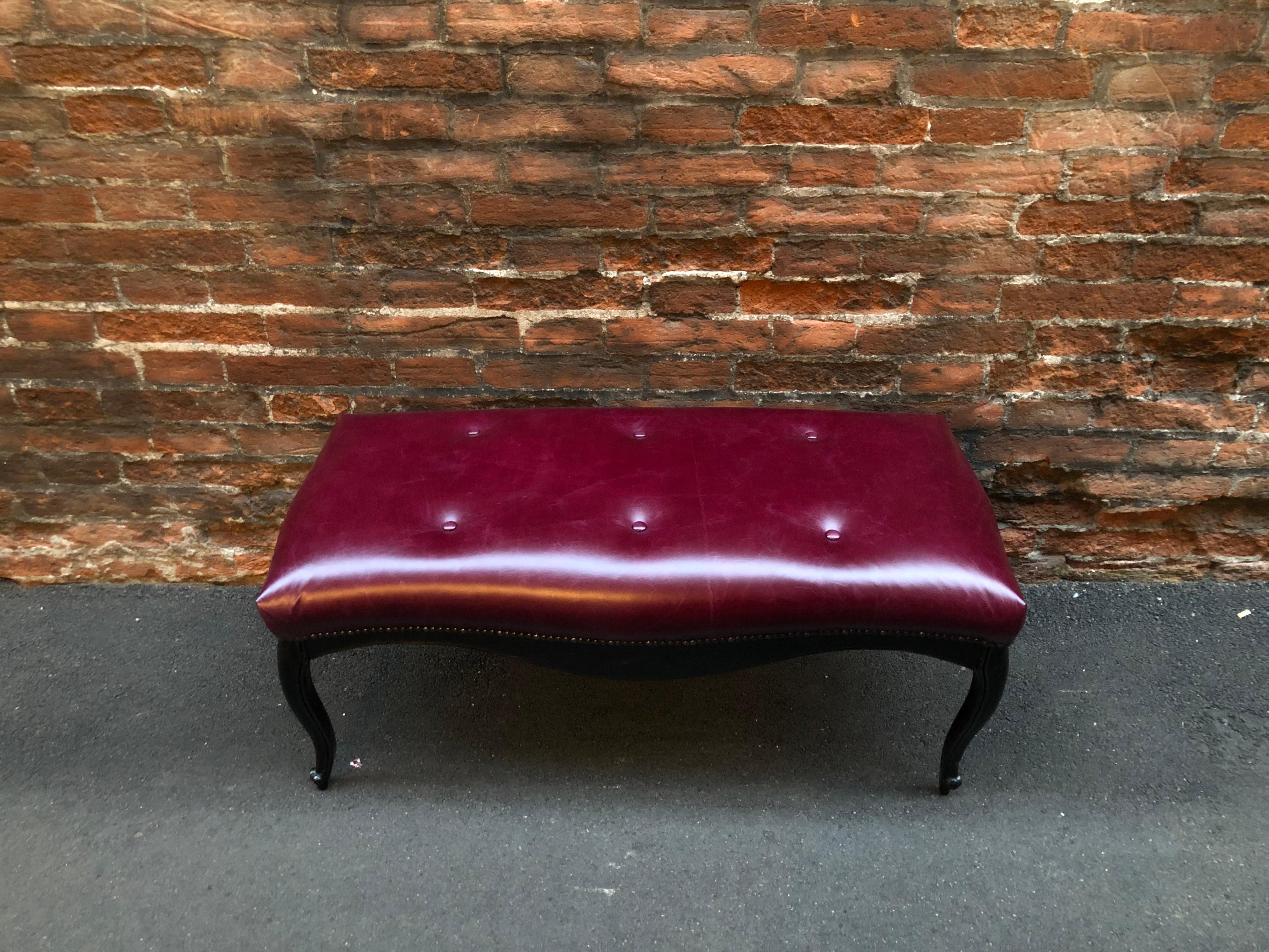 Mid-Century Modern Midcentury Italian Black Lacquered Engraved Wood Dark Red Leather Bench