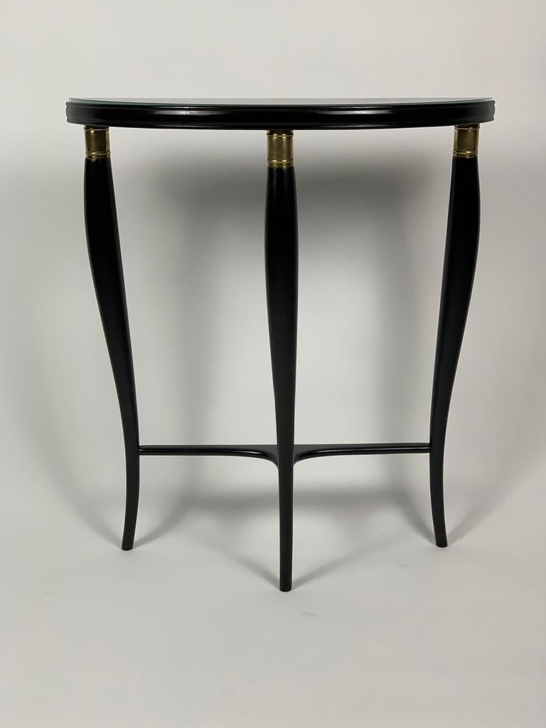 Mid Century Italian Black Laquered Console Galass Top Brass Details 12