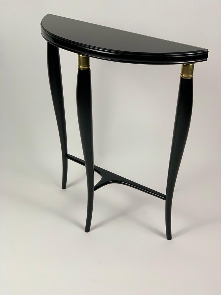 Mid Century Italian Black Laquered Console Galass Top Brass Details 13