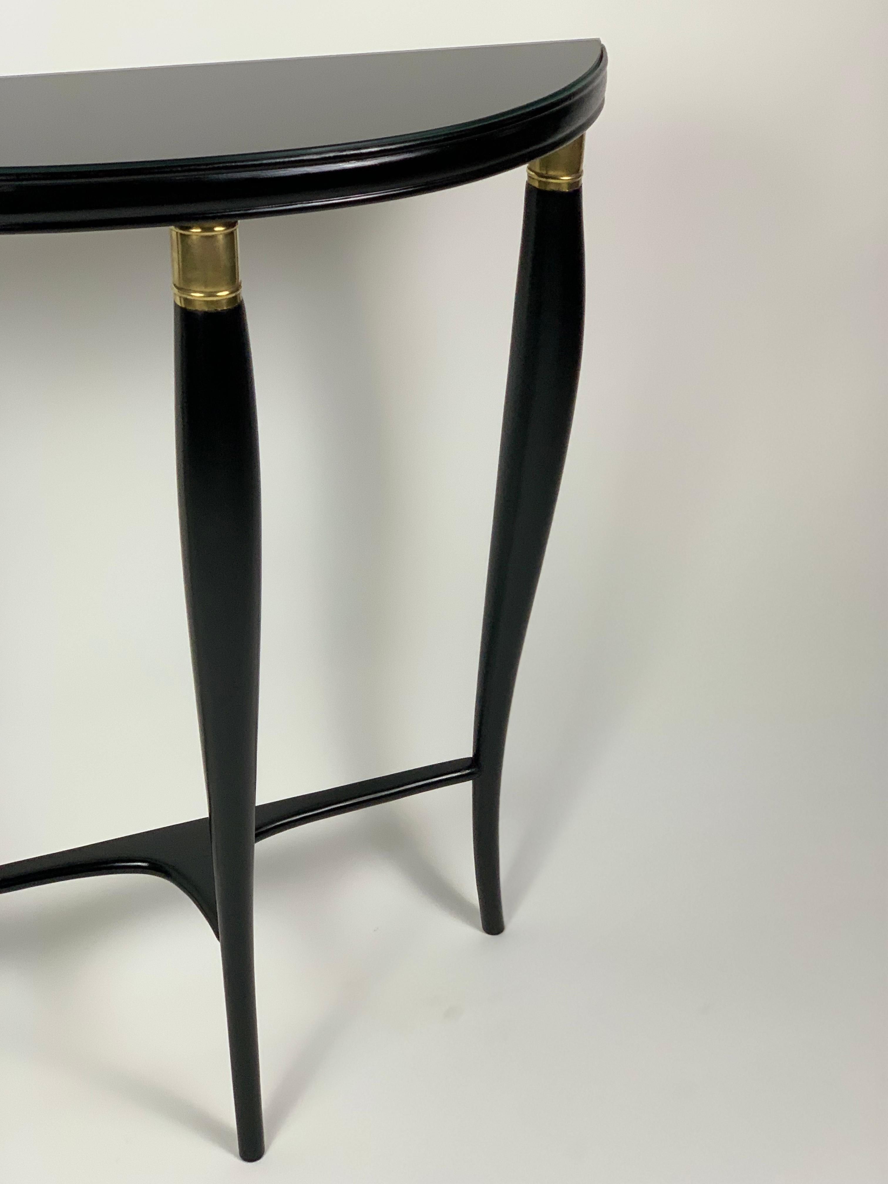 Mid Century Italian Black Laquered Console Galass Top Brass Details In Good Condition In Firenze, Toscana