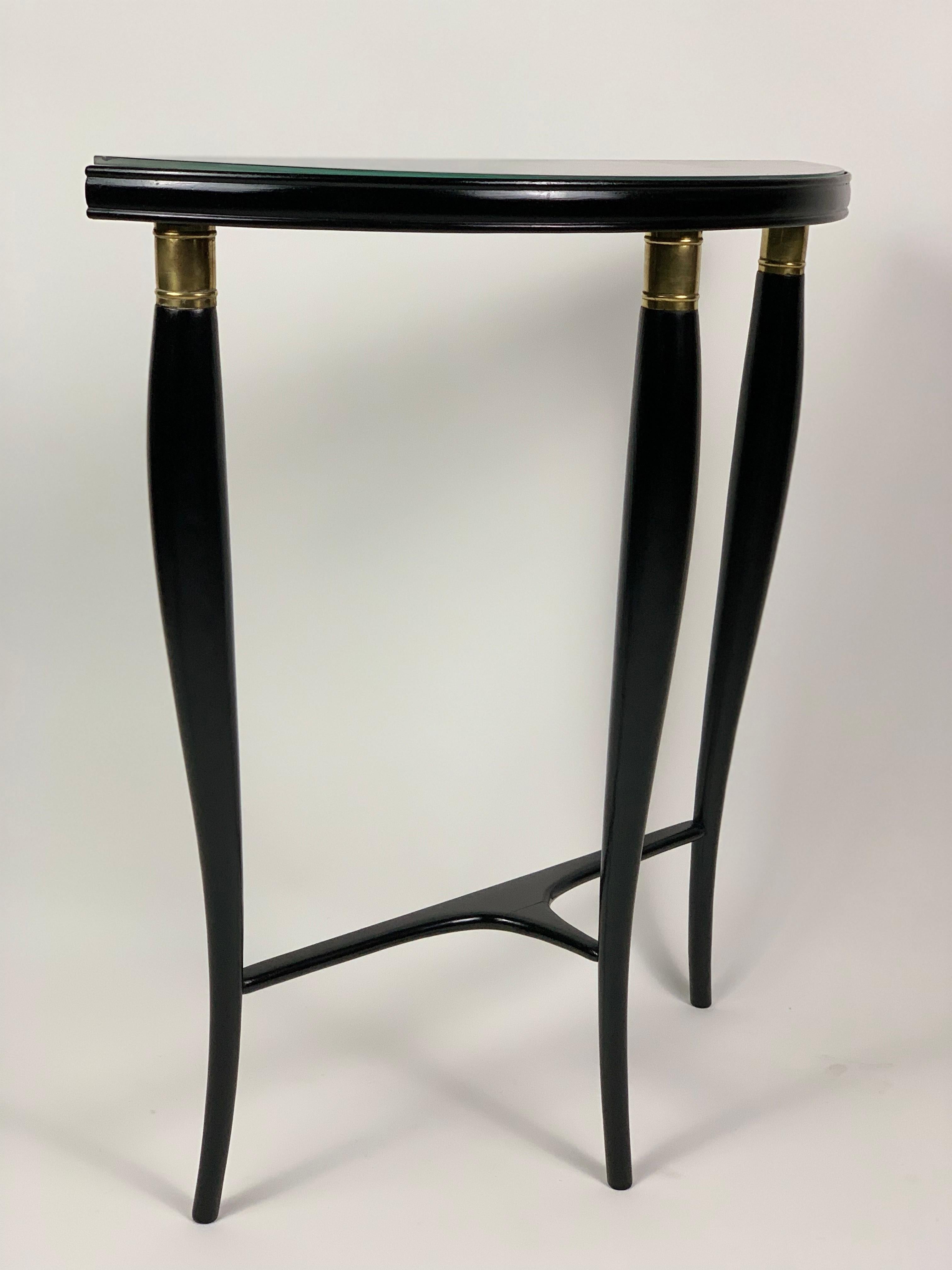 Mid Century Italian Black Laquered Console Galass Top Brass Details 1