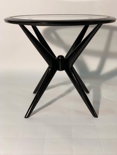 Midcentury Italian Black Laquered Round Side Table Glass Top