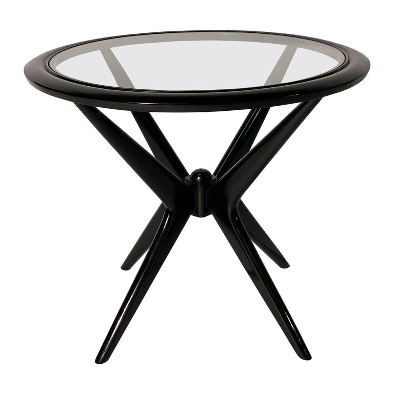 Midcentury Italian Black Laquered Round Side Table Glass Top at 1stDibs