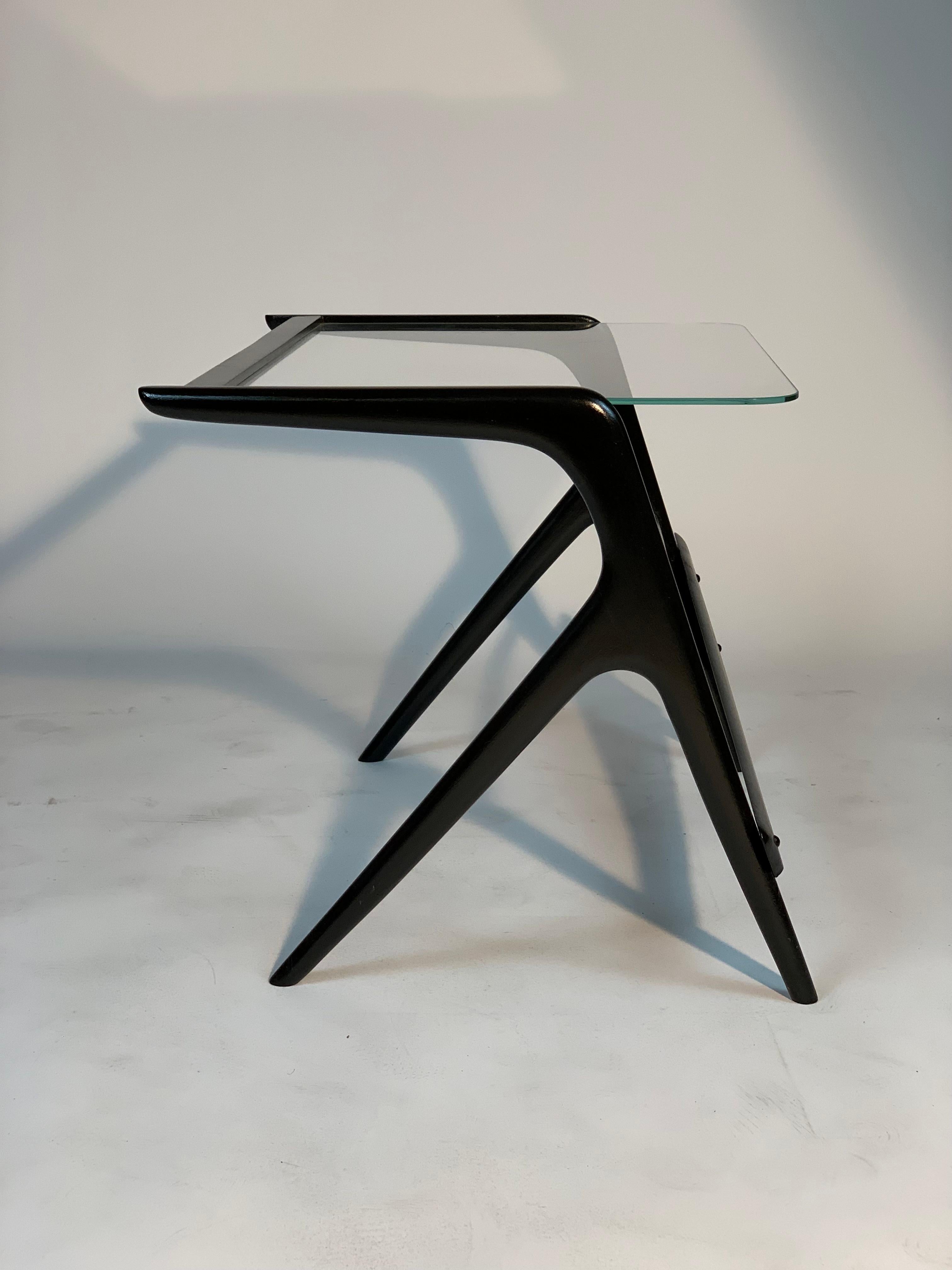 Mid-20th Century Mid Century Italian Black Laquered Stilysh Structure and Beveled Glass Top