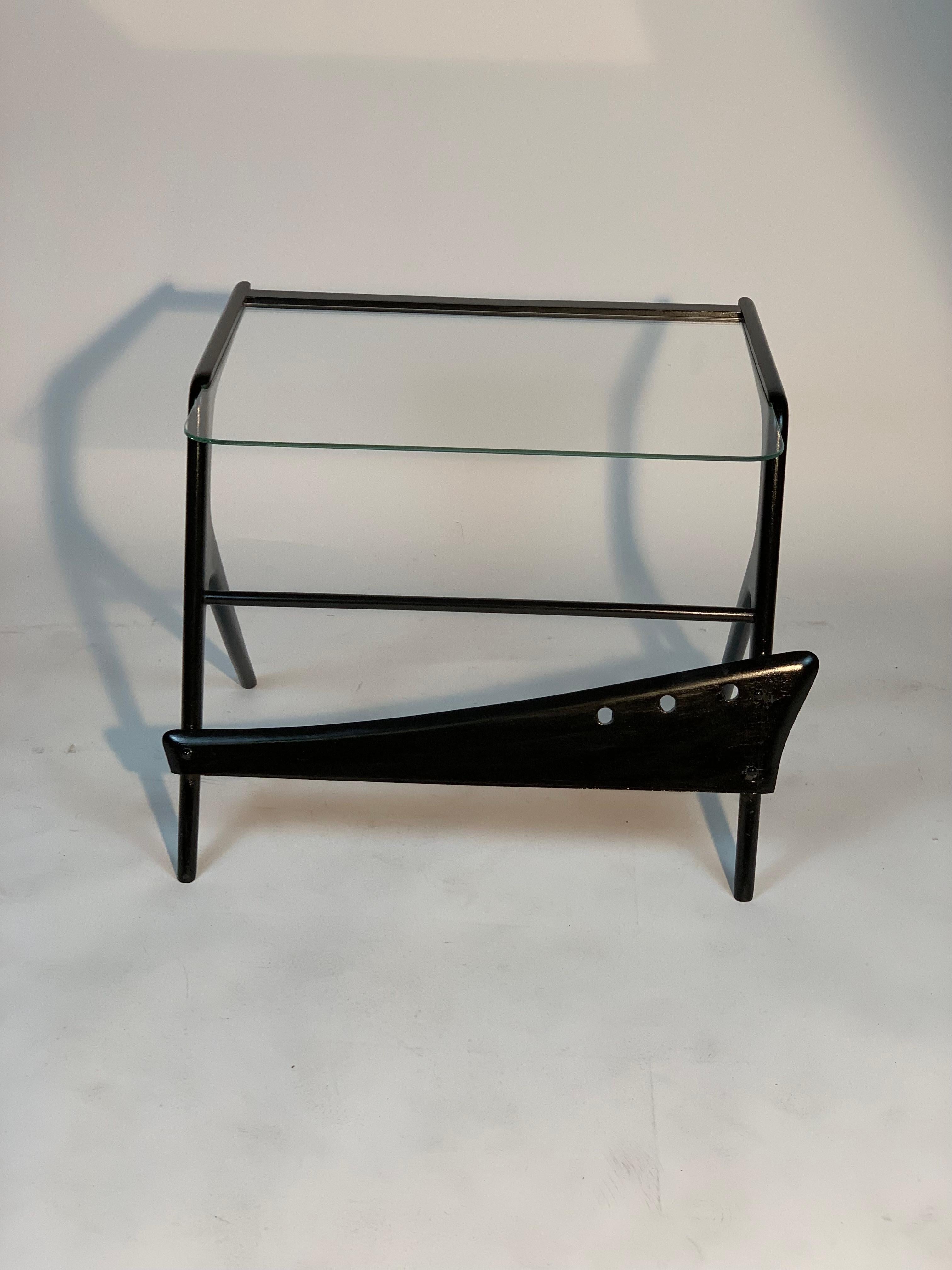 Mid Century Italian Black Laquered Stilysh Structure and Beveled Glass Top 1