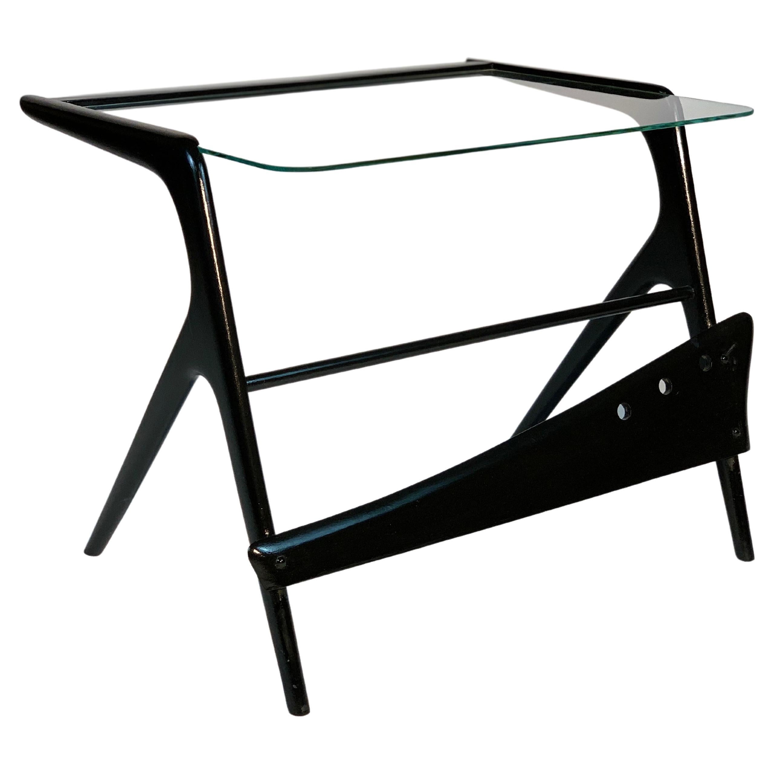 Mid Century Italian Black Laquered Stilysh Structure and Beveled Glass Top