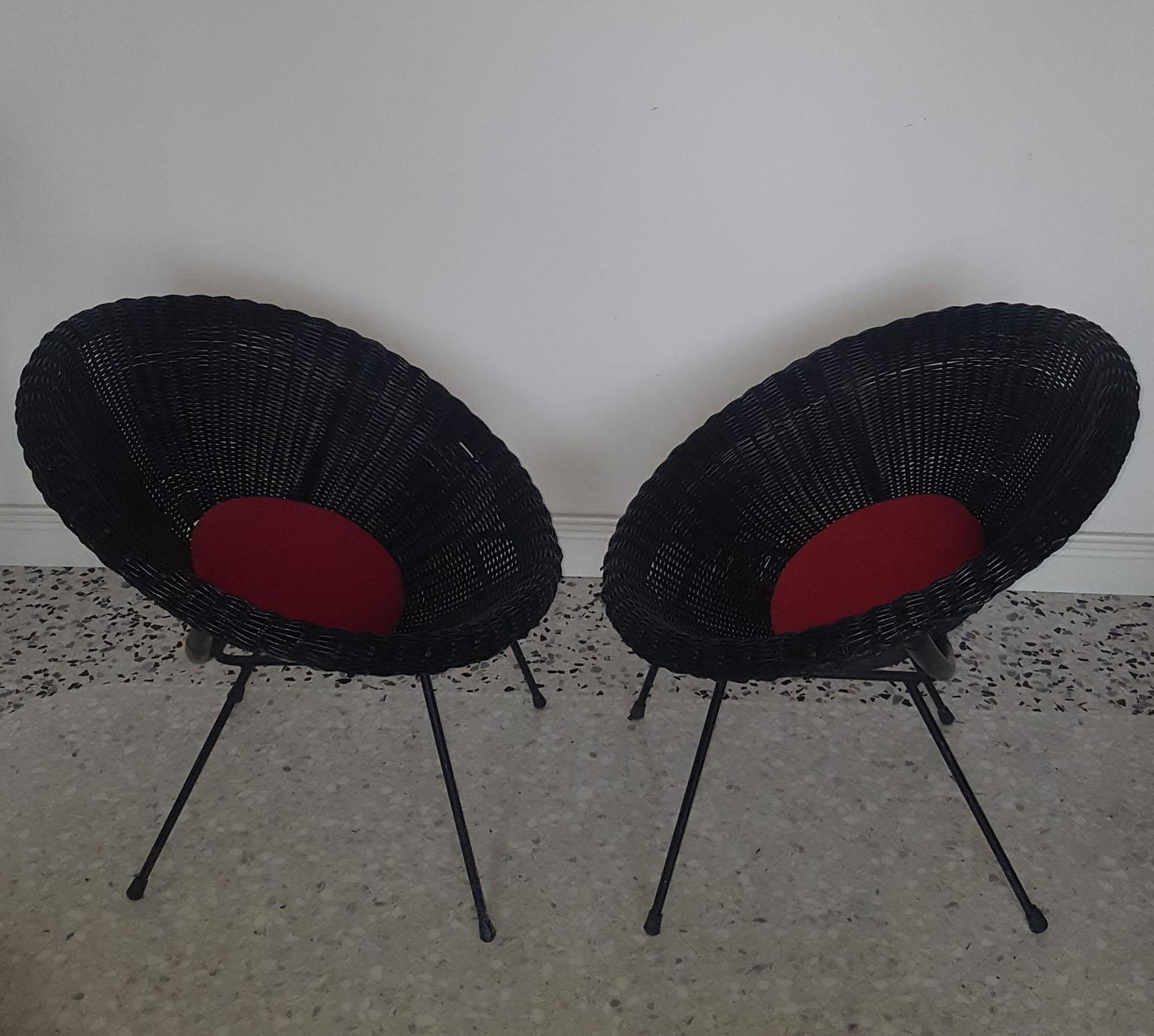 Mid-Century Modern Italian Black Wicker Round Armchairs, Made in Milano, 1950s For Sale 6