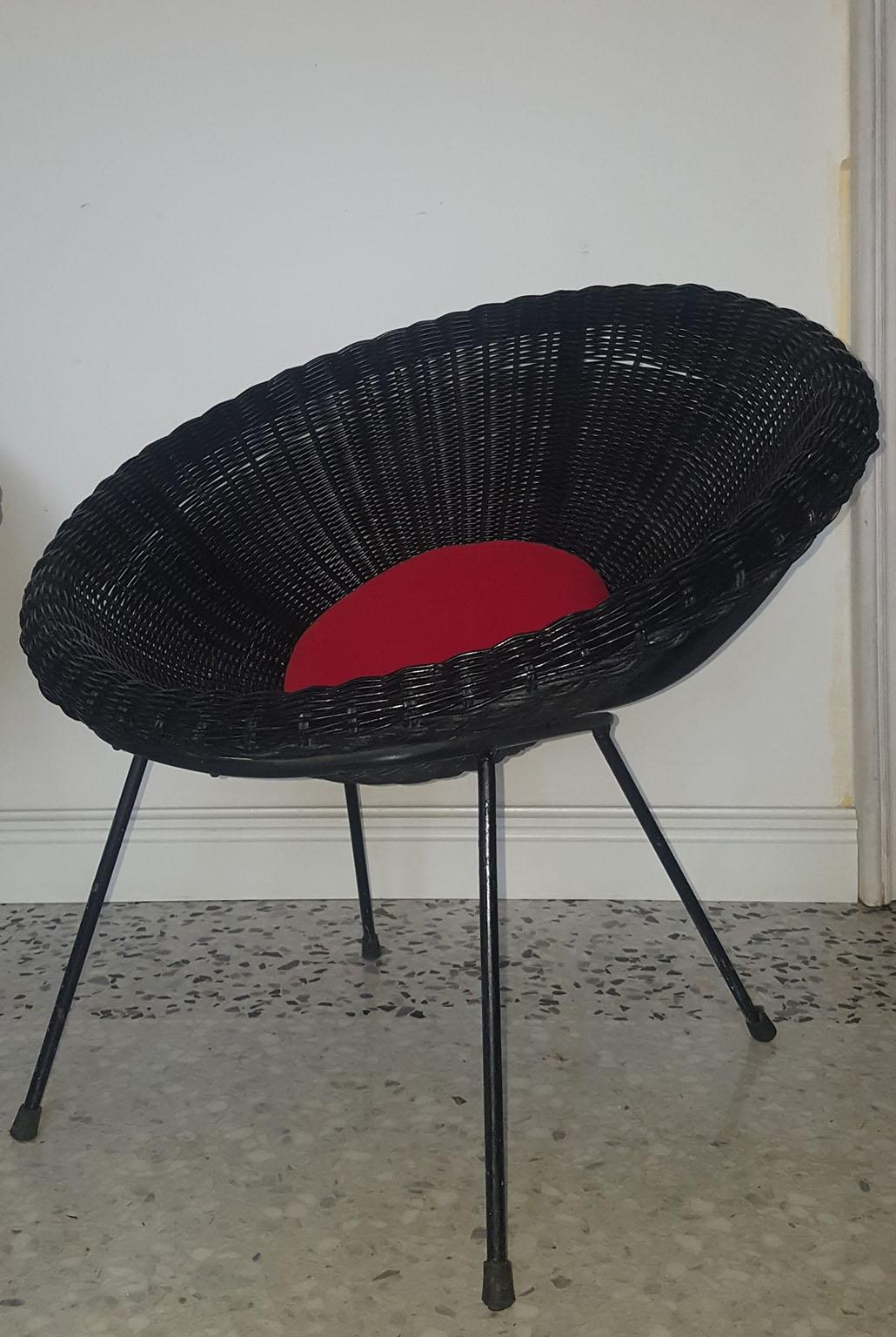 Mid-Century Modern Italian Black Wicker Round Armchairs, Made in Milano, 1950s For Sale 7