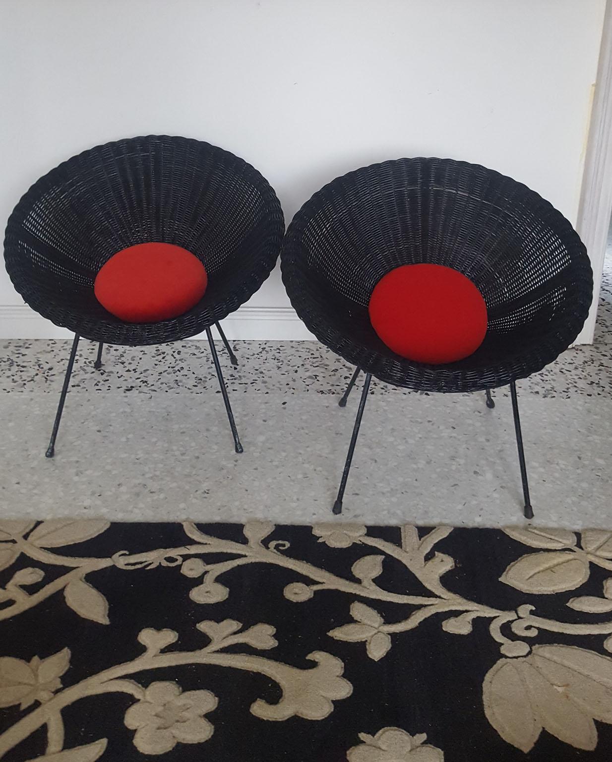Mid-Century Modern Italian Black Wicker Round Armchairs, Made in Milano, 1950s For Sale 8