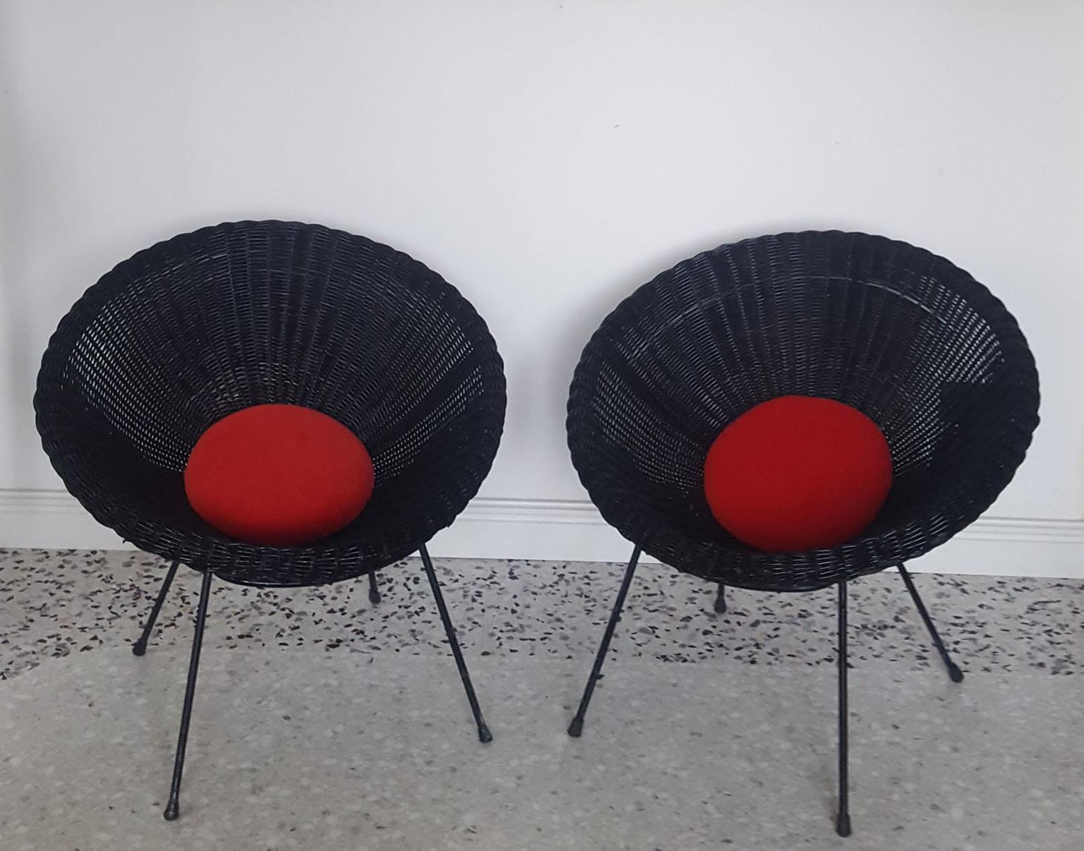 Mid-Century Modern Italian Black Wicker Round Armchairs, Made in Milano, 1950s For Sale 9