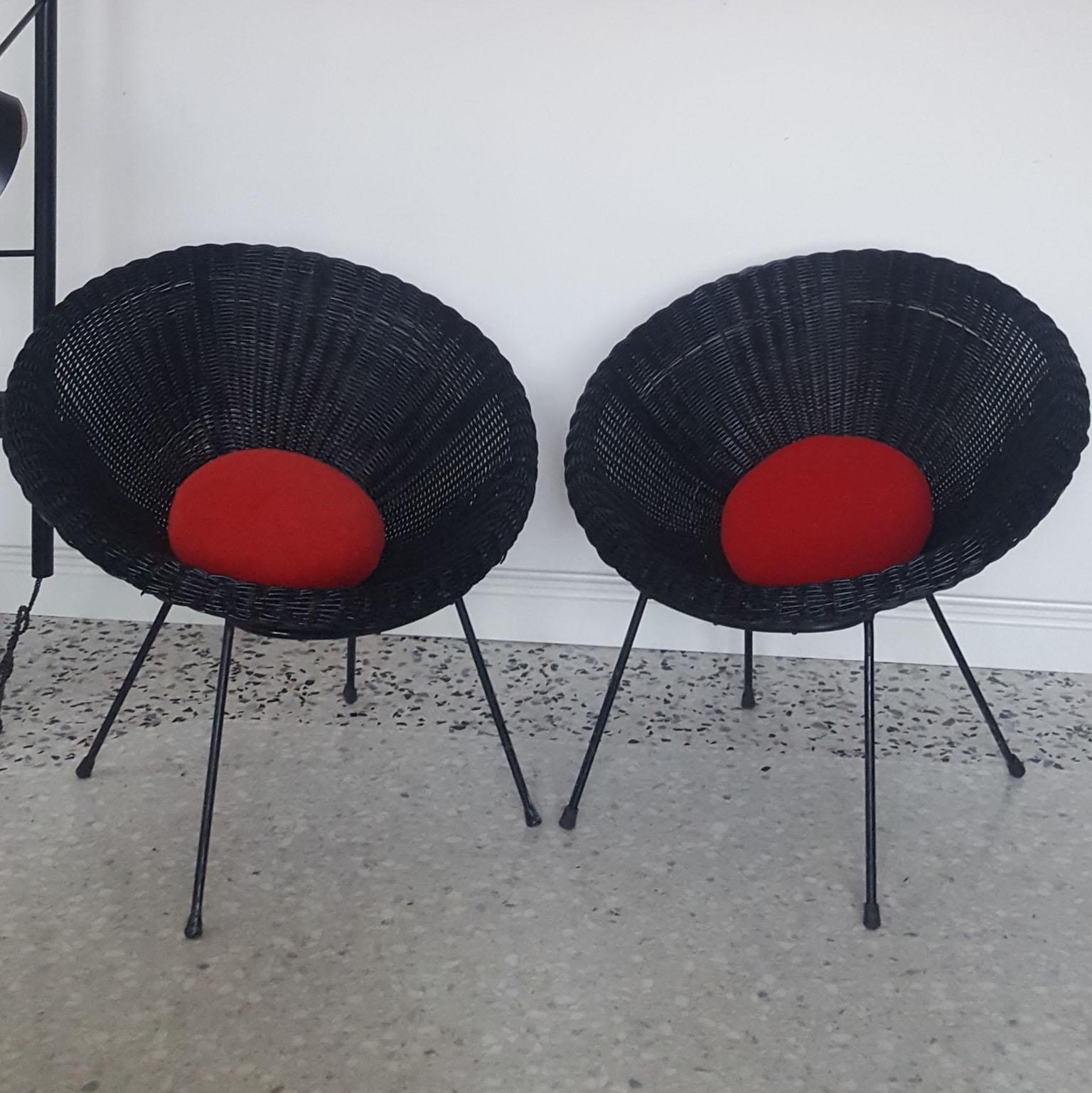 Mid-Century Modern Italian Black Wicker Round Armchairs, Made in Milano, 1950s For Sale 10