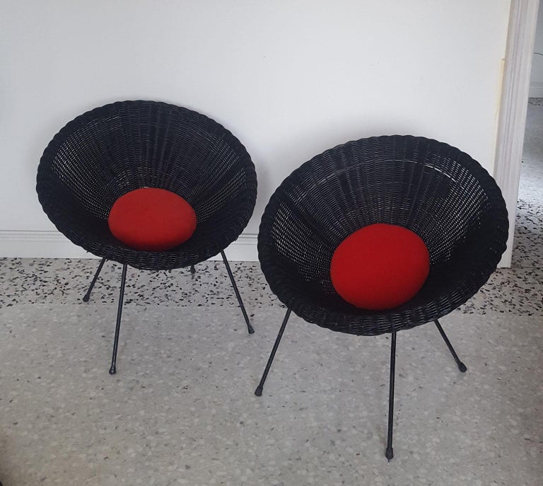 MidCentury Modern Italian Black Wicker Round Armchairs, Made in Milano, 1950s For Sale at 1stDibs