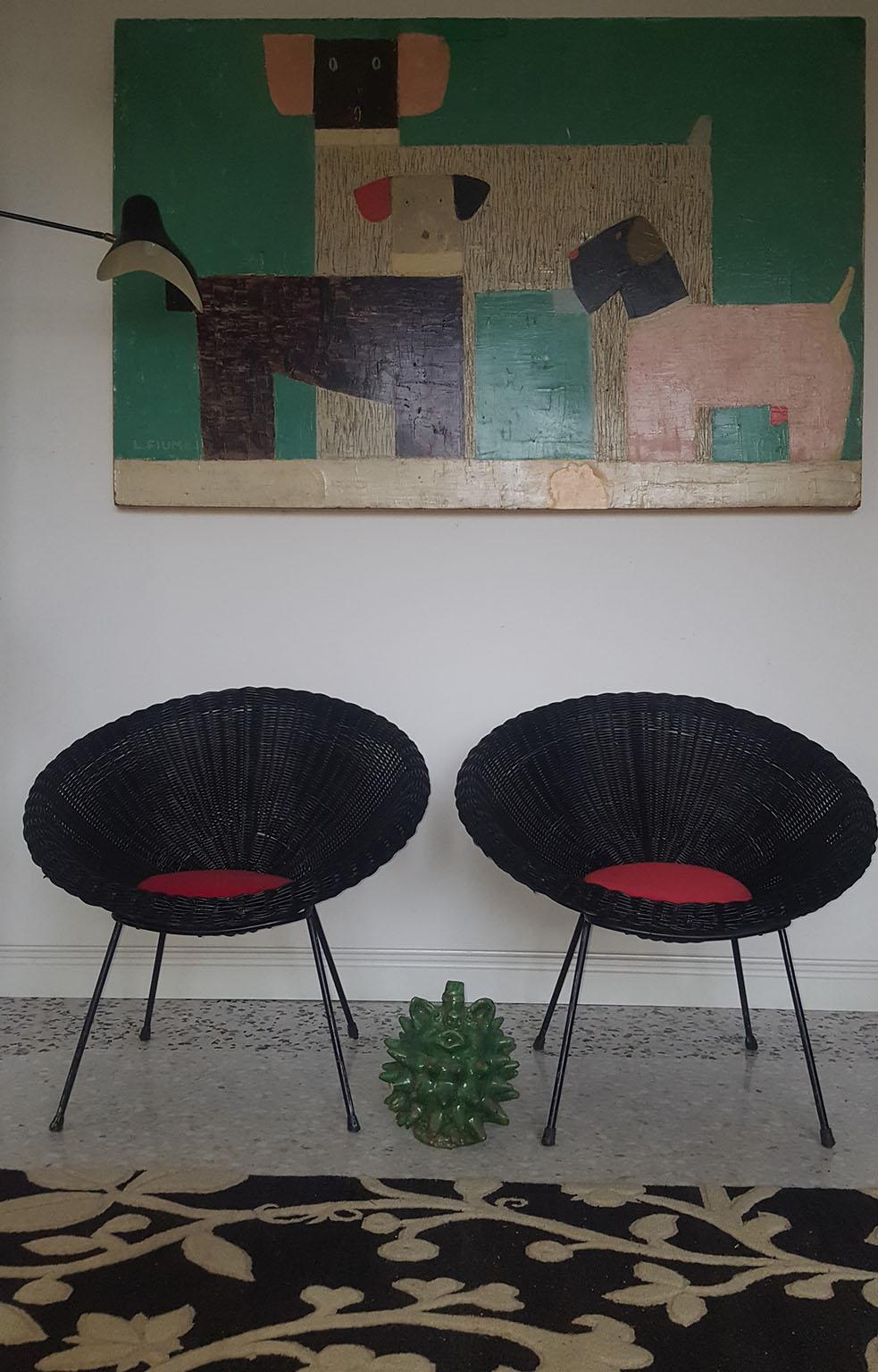 Mid-20th Century Mid-Century Modern Italian Black Wicker Round Armchairs, Made in Milano, 1950s For Sale