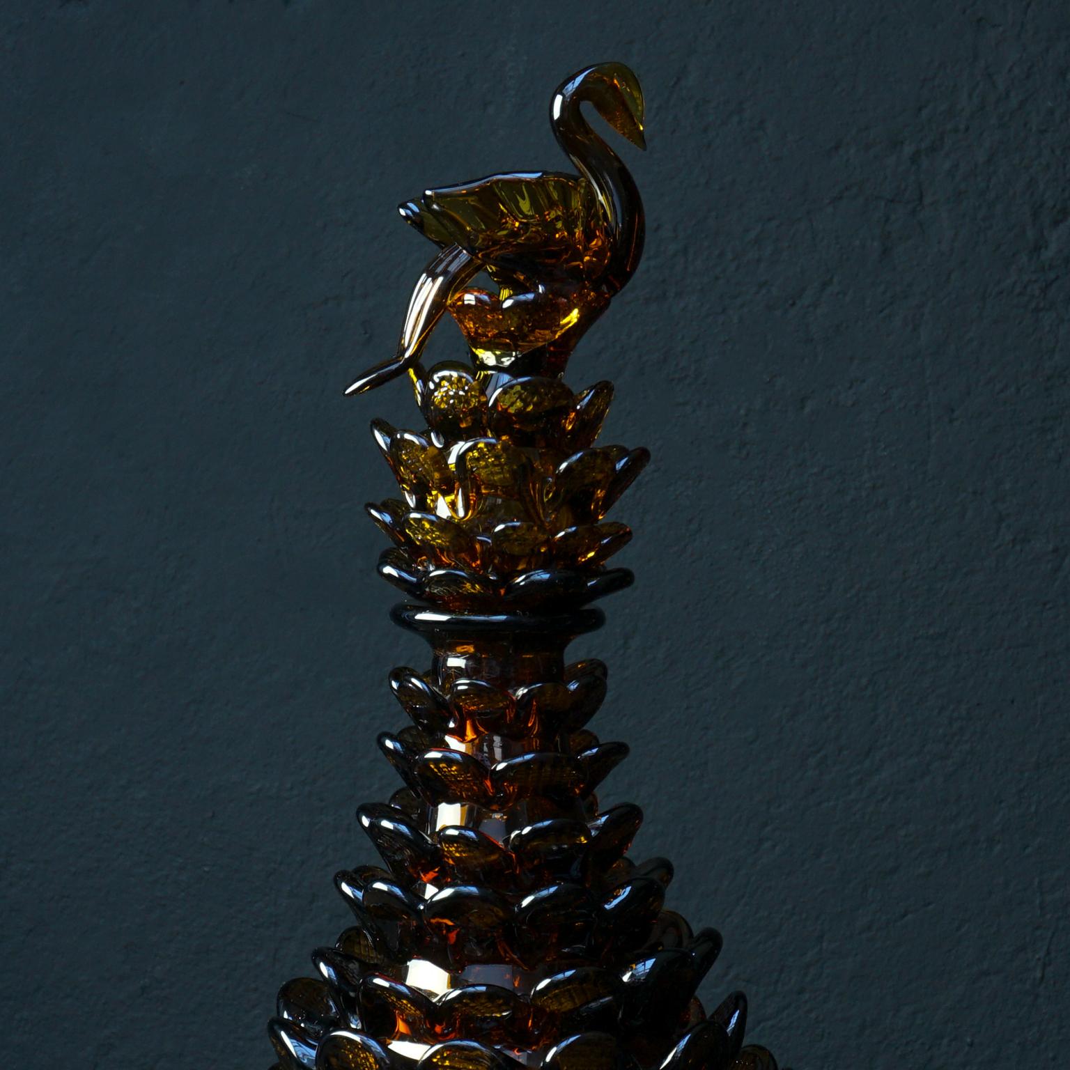 Midcentury Italian Blown Amber Glass Pinecone Carafe Decanter with Swan Stopper 2