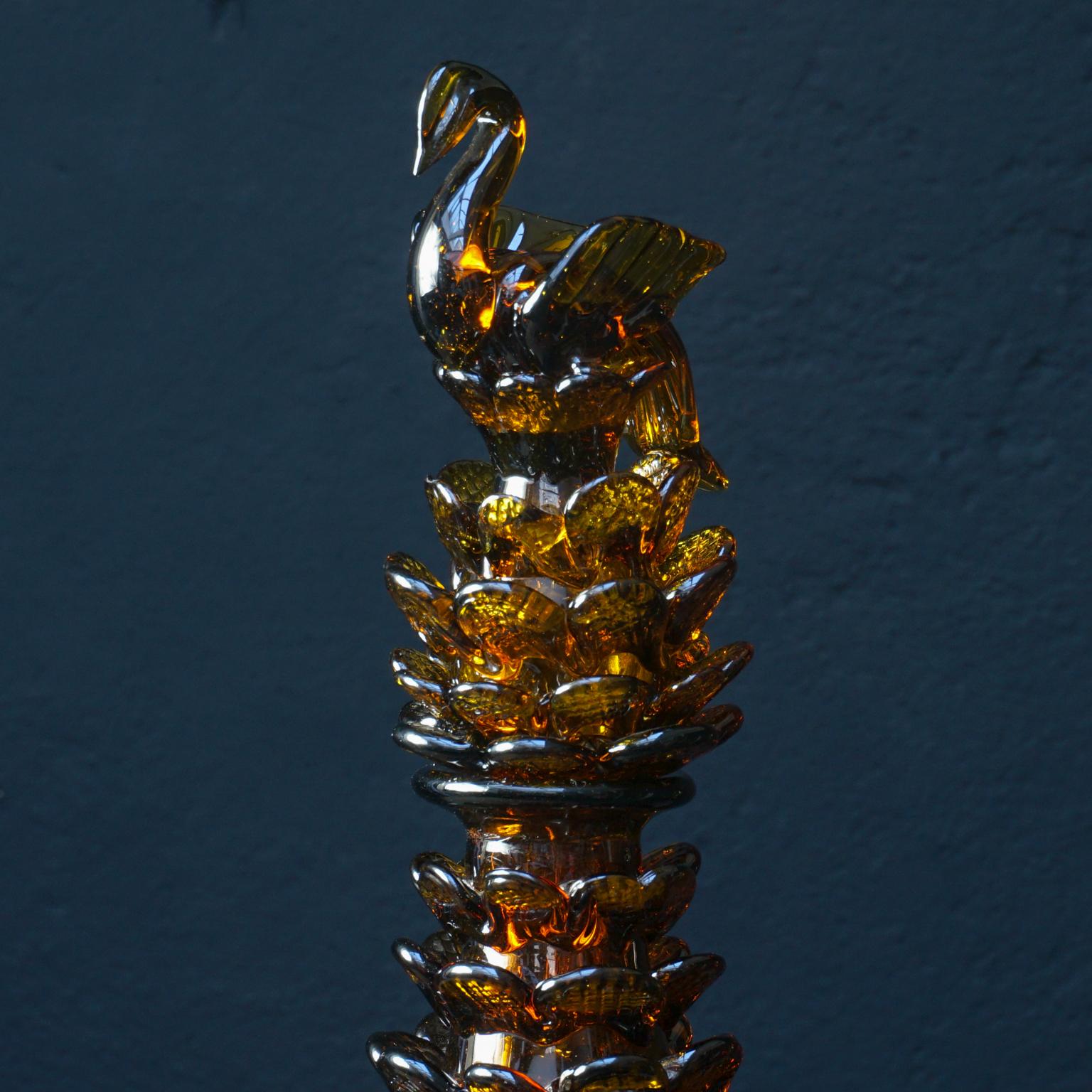 Midcentury Italian Blown Amber Glass Pinecone Carafe Decanter with Swan Stopper 3