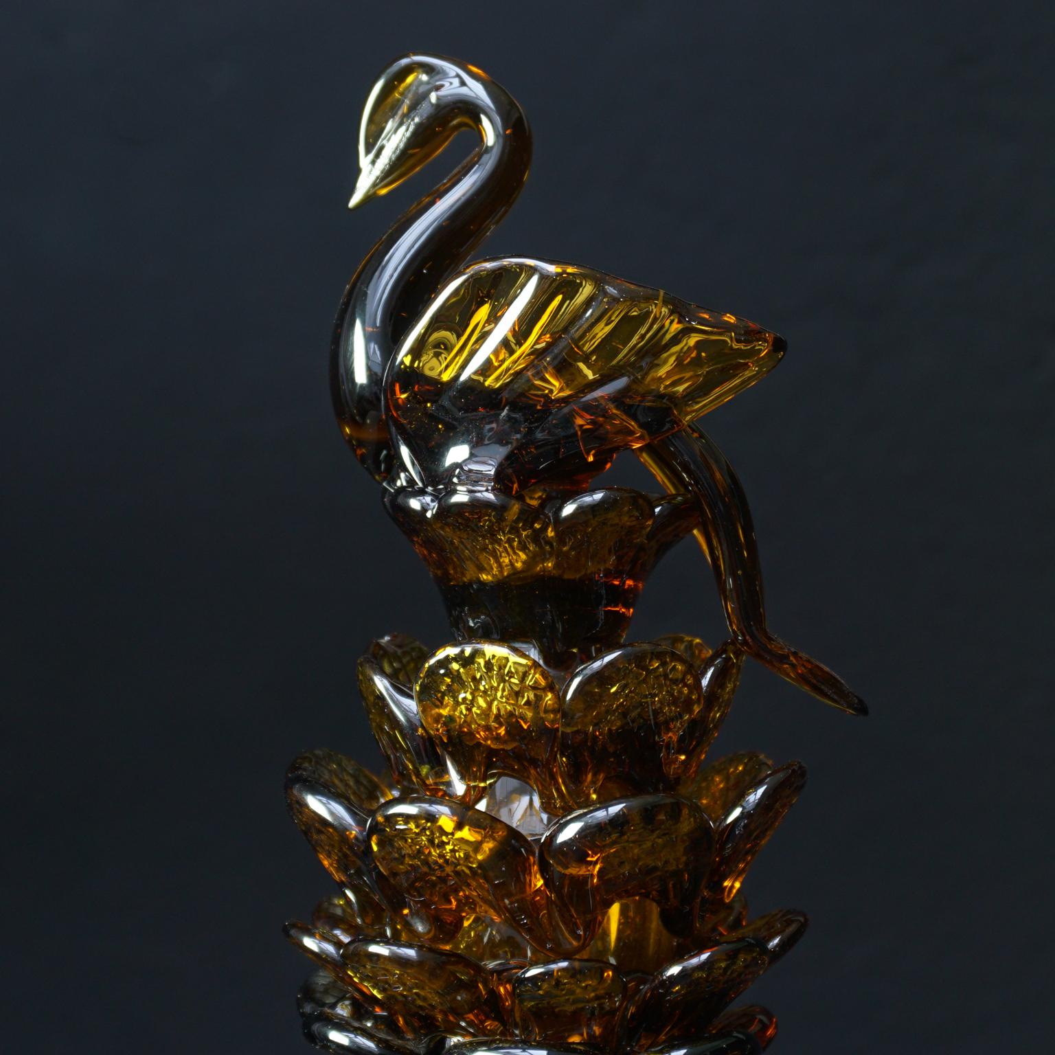 Midcentury Italian Blown Amber Glass Pinecone Carafe Decanter with Swan Stopper 6