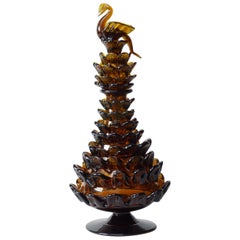 Midcentury Italian Blown Amber Glass Pinecone Carafe Decanter with Swan Stopper