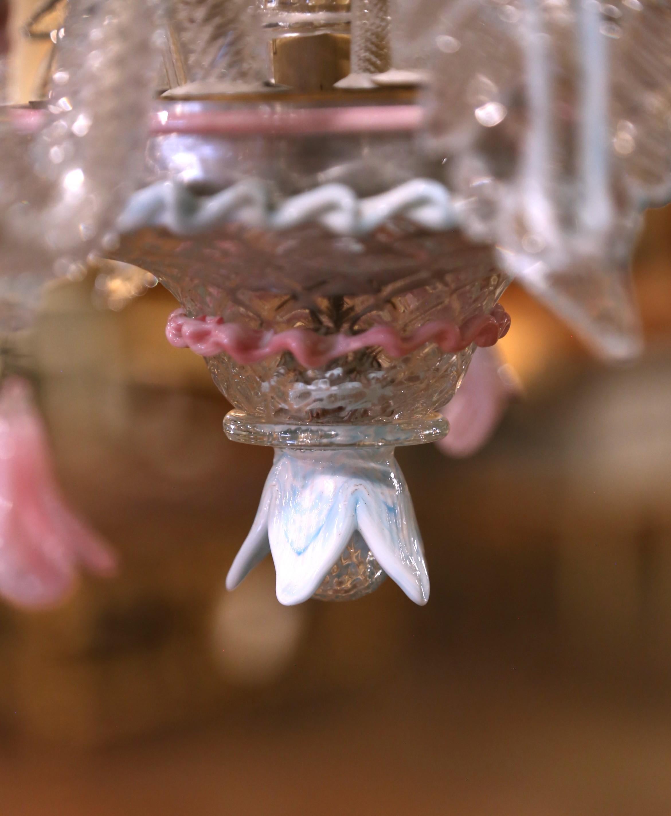 Mid-Century Italian Blown Glass Murano Four-Light Chandelier with Floral Motifs For Sale 5