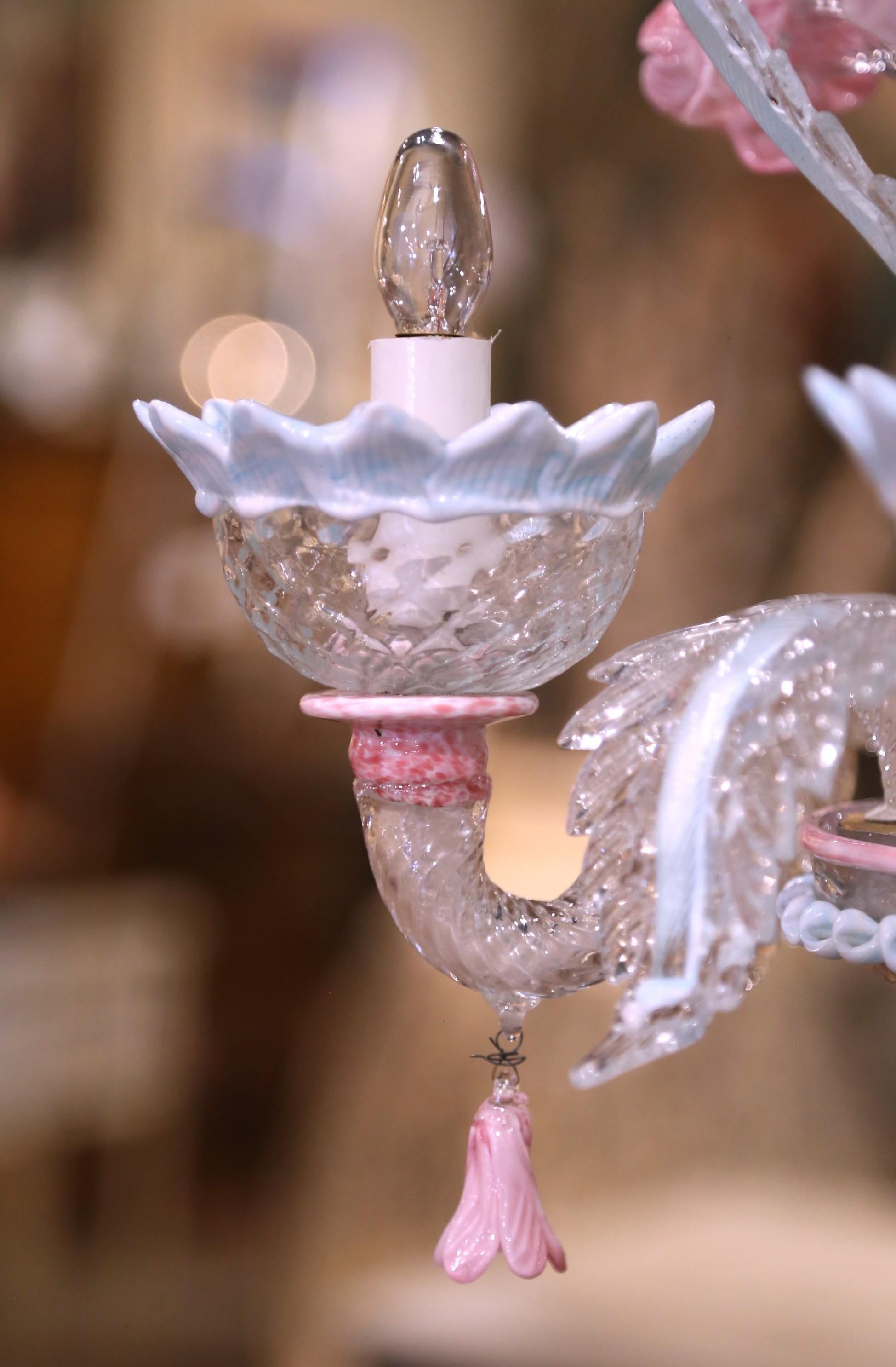 Mid-Century Italian Blown Glass Murano Four-Light Chandelier with Floral Motifs For Sale 3